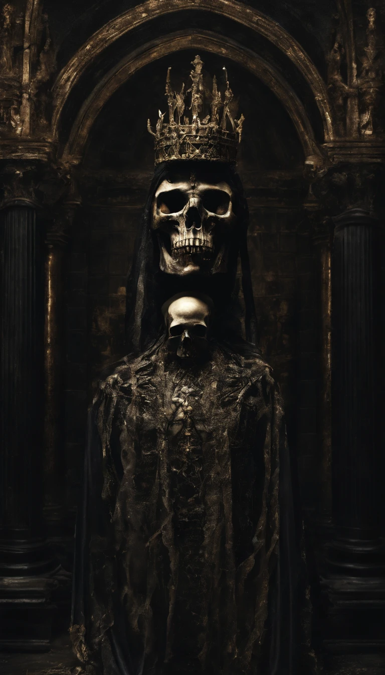 King of bones, upper body, stand in the church, slim body, gold ammor, bloody, wear crown on head, cinematic, realistic, HDR, smooth light