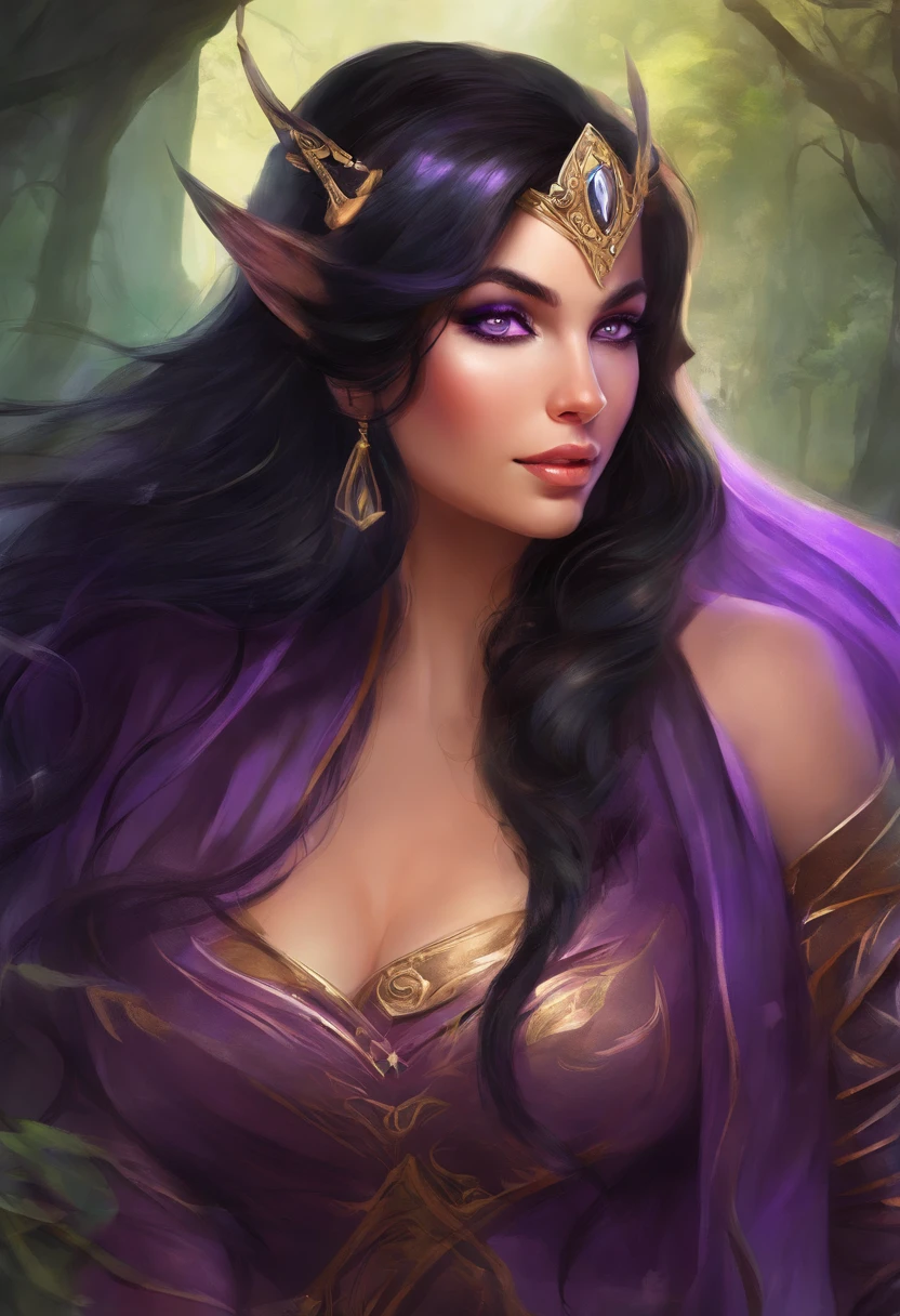 pinup, beautiful woman, half-elf, (((black hair))), (((purple eyes))), violet eyes, very light brown skin, long hair, dark gothic makeup, (((thicc))), ((enormous breasts)), small pointy ears, Persian, western fantasy vista background