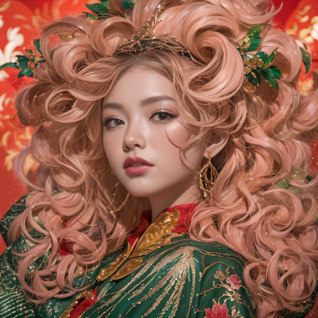 32K（tmasterpiece，k hd，hyper HD，32K）curlies，Flowing rouge，ponds，zydink， a color，  Liaoning people （Silly girl）， （Silk scarf）， Combat posture， looking at the ground，  Flowing rouge curls，Green emerald headdress， Chinese long-sleeved pink gold garment， （abstract ink splash：1.2）， Pink lotus background，Water lily flower protector（realisticlying：1.4），Rouge hair，Autumn is in full swing，The background is pure， A high resolution， the detail， RAW photogr， Sharp Re， Nikon D850 Film Stock Photo by Jefferies Lee 4 Kodak Portra 400 Camera F1.6 shots, Rich colors, ultra-realistic vivid textures, Dramatic lighting, Unreal Engine Art Station Trend, cinestir 800，Large curls，Flowing rouge