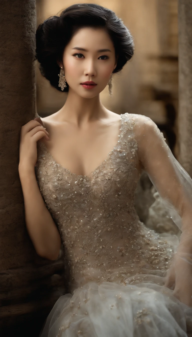 Masterpiece, Best quality, (Photorealistic:1.4), full bodyesbian, (dress:1.1)（evening formal robes：1.1）（Wisps 1.1）（Embroidered seedling edge Q1.1） view over city, Cinematic light, Beautiful woman, ((From any direction)), sport, Large breasts, Black hair,Chinese face， rim, Detailed dress,