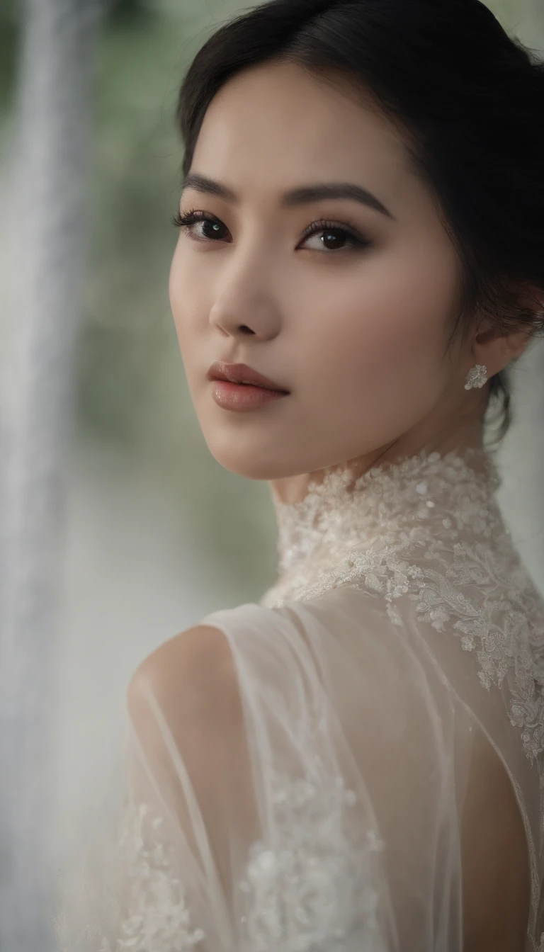 Masterpiece, Best quality, (Photorealistic:1.4), full bodyesbian, (dress:1.1)(evening formal robes:1.1)(Wisps 1.1)(Embroidered seedling edge Q1.1) view over city, Cinematic light, Beautiful woman, ((From any direction)), sport, Large breasts, Black hair,Chinese face, rim, Detailed dress,
