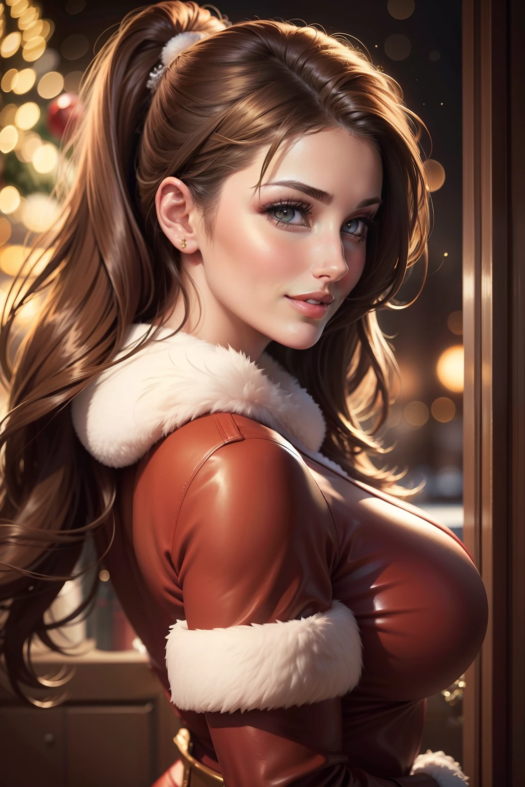 (realistic,photorealistic:1.37),woman,turtleneck sweater wearing,pantyhose wearing,sexy pose,smiling face,detailed eyes,detailed lips,fashionable look,long hair flowing in the wind,contemporary background,studio lighting,vivid colors