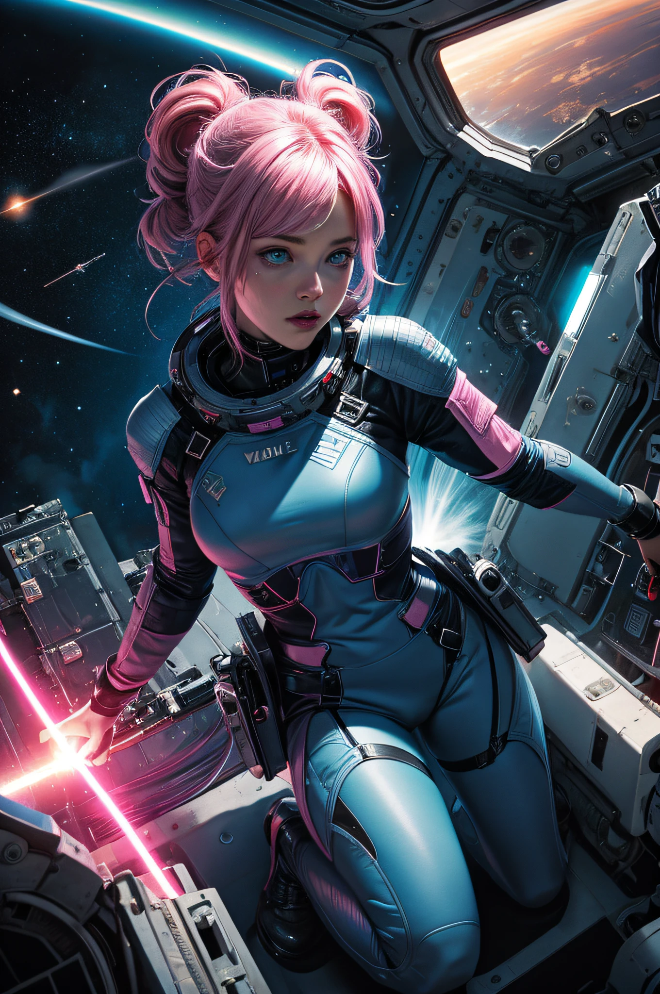 1girl, solo, blue eyes, pink hair, looking at viewer, explosive scene, outer space,  spacecraft, futuristic comic book wallpaper, illustration, dynamic angle, full body, sexy spacesuit
