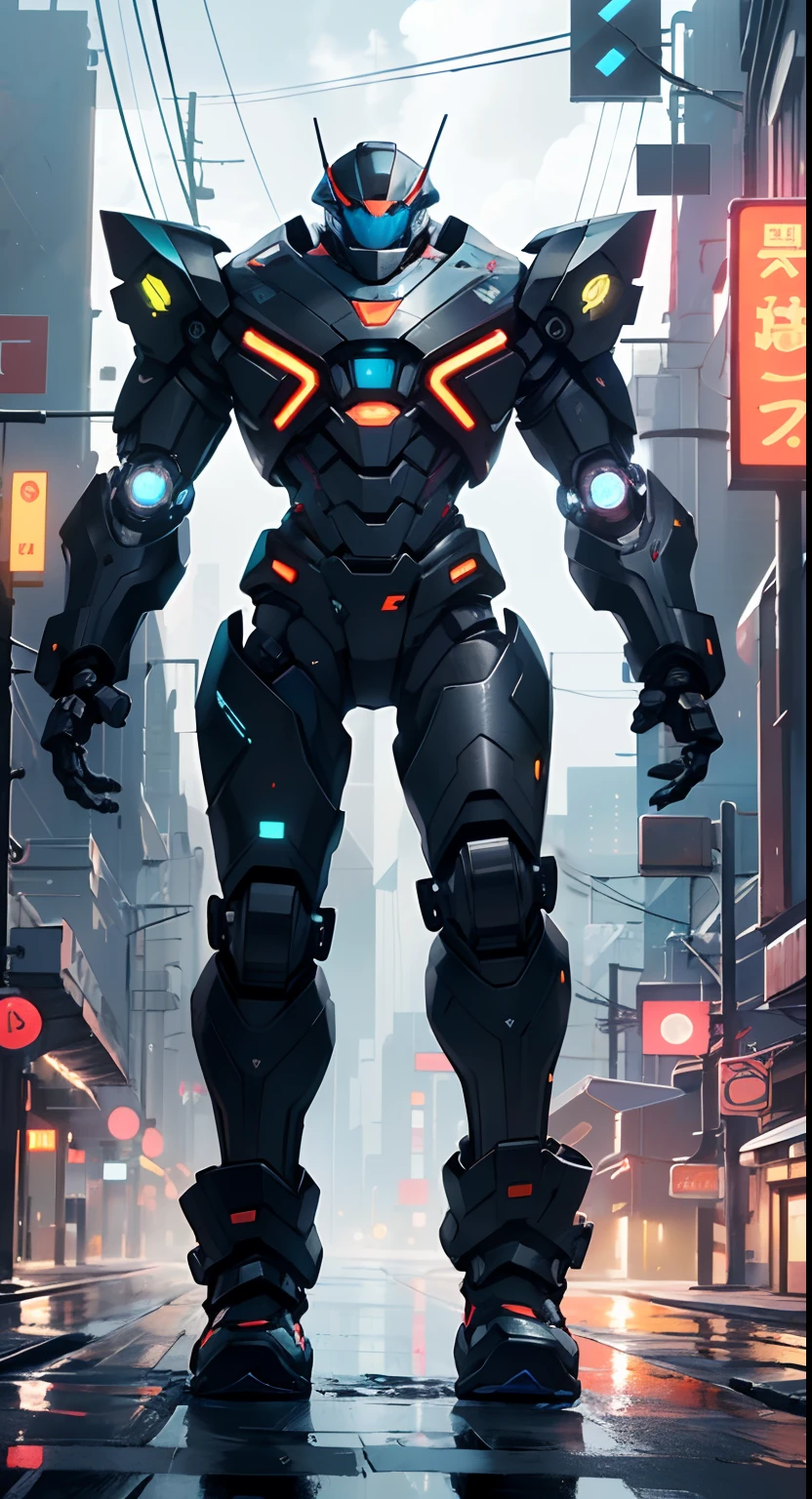 Imposing black plastic metal android robot,three meters tall and with a minimalist design that highlights its marked metallic musculature. His head is smooth and adorned with RGB lights that highlight his uniqueness and futurism.

He carries a metal backpack on his back that contains drones,turrets,and firearms. The backpack has spidery legs that allow it to move quickly.

Although most of his body is a deep,glossy black,there are orange,purple,and blue details that highlight his striking,futuristic design. It is undoubtedly an impressive creation that does not go unnoticed.

(((muscular))),hypermuscle, hyper muscles,carbon robot,humanoid robot, robot, robot joints, joints, helmet, armor, head-mounted display,(((robot with minimalist design))),

(dynamic pose:1.0),solo focus,(centered,scale to fit dimensions,Rule of thirds),

cyberpunk city by the ocean at night, with bright neon signs and dark stormy clouds and puddles, scenery:1.25,

highres, sharp focus, (ultra detailed, extremely detailed), (photorealistic artwork:1.37),(extremely detailed CG unity 8k wallpaper),((synthwave background theme)),(((vibrant colors))),(intricate background),(masterpiece),(best quality),