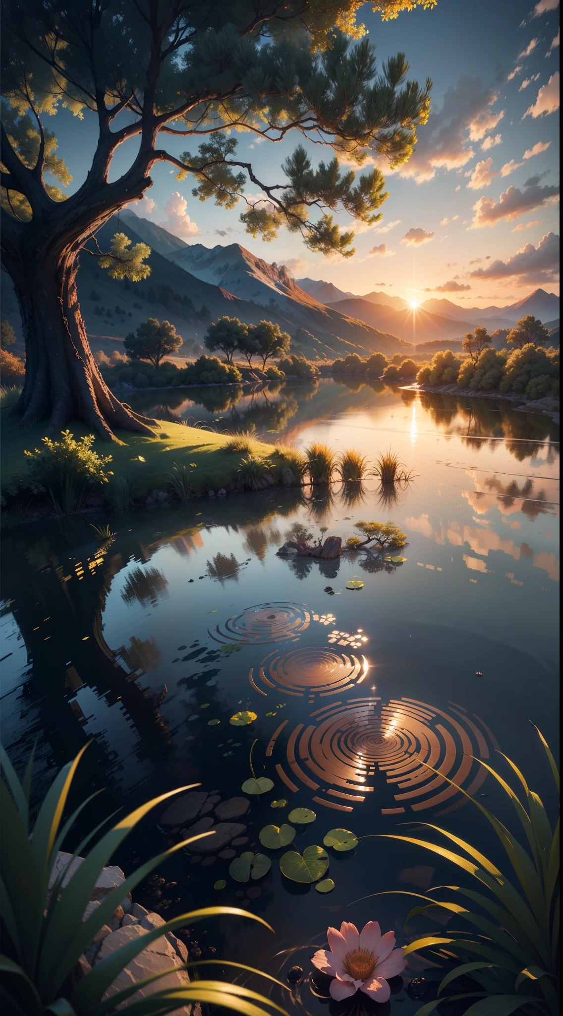 sunset, landscape, water, (very detailed CG unity 8k wallpaper), the most beautiful artwork in the world, professional majestic oil painting, intricate, high detail, clear focus, dramatic, realistic painting art, blue sky.