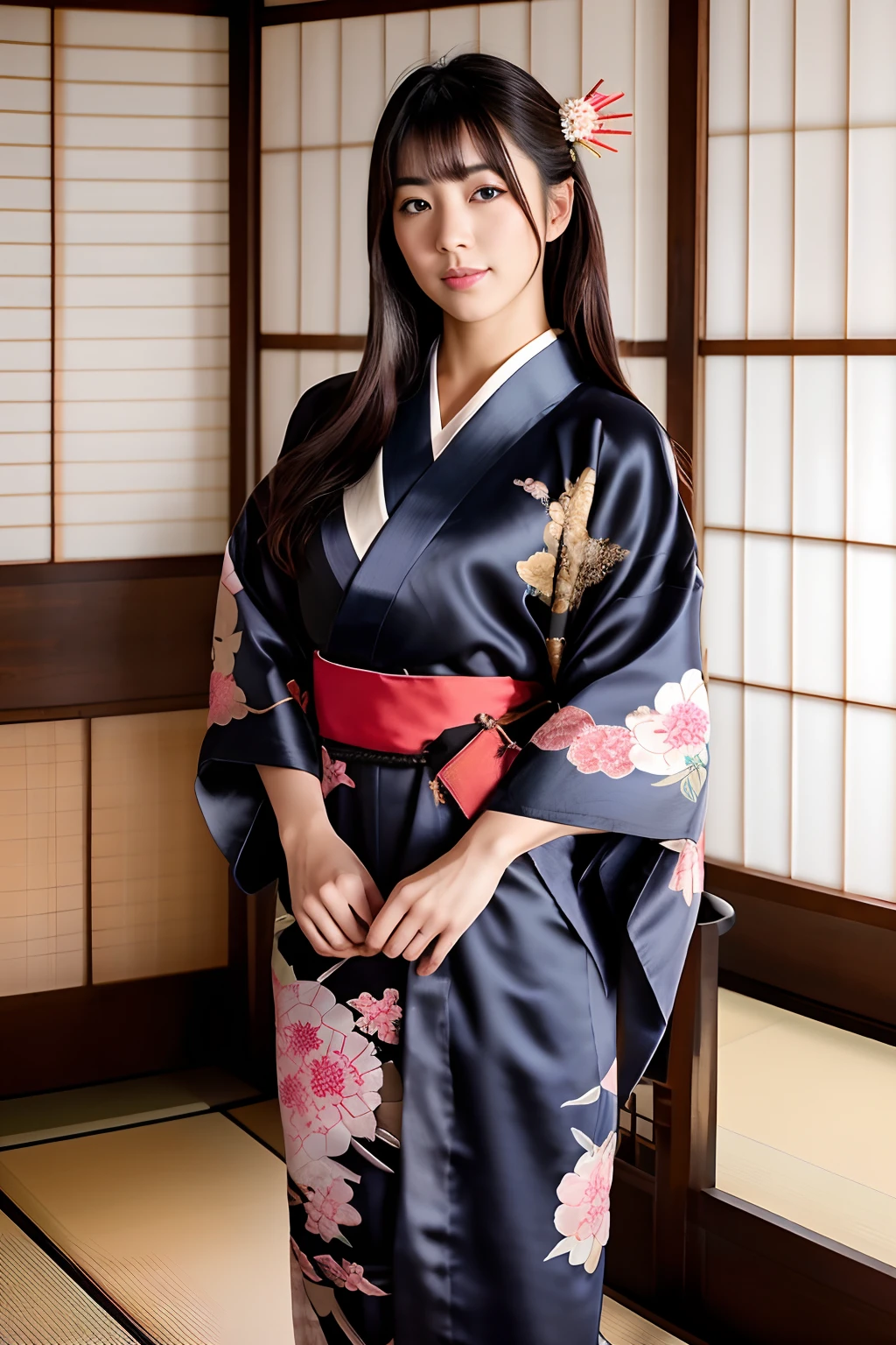 unparalleled masterpiece ever, Ultra realistic 8K CG, Perfect Artwork, 1girl in, Beautuful Women、Beautiful posture、Well-groomed hair、portlate、Polite woman、Daughter of a samurai of the Edo period、bushido、Brought up strictly in discipline、(Rich:1.5), polite、Hand Hands Pose、Maximum 4 fingers and 1 thumb relationship, Bow a little、kindly smile、Happiness、Blissful、rikka、Fulfillment、Realistic texture、Princess, Elegant、hali々and has、Looking at Viewer, ((Perfect female figure)), Black hair, Black eyes, enticing, clean, Beautiful face, Pure face, length hair, Clean hair ornament、hairpin、Wearing tabi boots、(Highly detailed 8K Japan kimono and silk long garments and dresses:1.5), (Expensive kimono、vivid colored kimono、Delicate pattern, intricate detailes), The background is a samurai residence in the Edo period、blur backgroun、