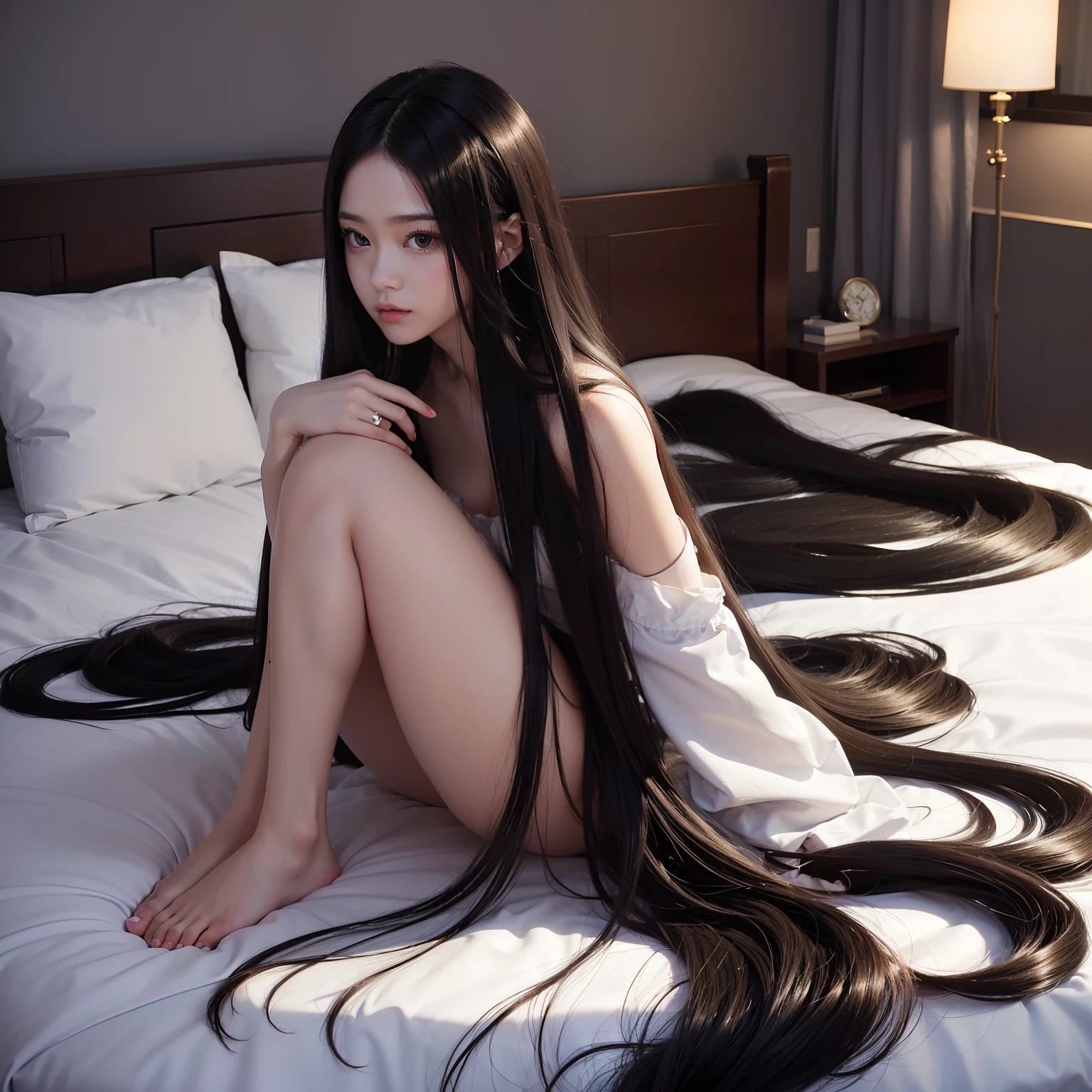 ((Top image quality、top-quality、Top resolution、hyper realistic photography、in 8K、Full body photo、1 girl、Very beautiful face、Super Super Long Hair、hair length about 3 meters,,,,,、Straight black hair、Black hair longer than height、Black hair that has not been cut for more than 20 years、Slender body、White underwear or naked、Place on bed、Winner of the World Long Hair Contest、Full body real photo、Head-to-toe photo、Photo taken from about 4 meters away、Super Real、Stand up straight、Two hands、2 legs、5 fingers、))She has super long hair that covers her entire body、The longest black hair in the world、lying in bed with long hair spread、Long hair spread out on the bed overflows from the bed、Care for long dark hair、Hair is heavy and tired、Hair longer than Rapunzel、very large amount of hair、Squatting on the bed、