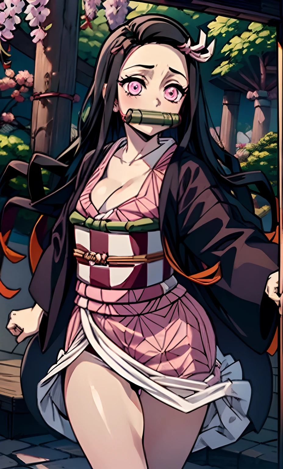 rialistic photo、Real Images、Top image quality、masterpiece, (Pink kimono), seductived faced,I'm sucking it in my mouth、 Kamado nezuko with horns、Demon Kamado Nezuko、Adult charm of Kamado Nezuko、The hem is disheveled, revealing white panties.、A sexy、crotch open、blanche、good lighting, beautiful thigh、adult appeal、Adults、Big、cleavage, finely detail, masterpiece,I can see my panties、 radiant eyes, 1girl in, A dark-haired, SUCK, Kamado Nezuko, wisteria background, masterpiece, top-quality, POV,,