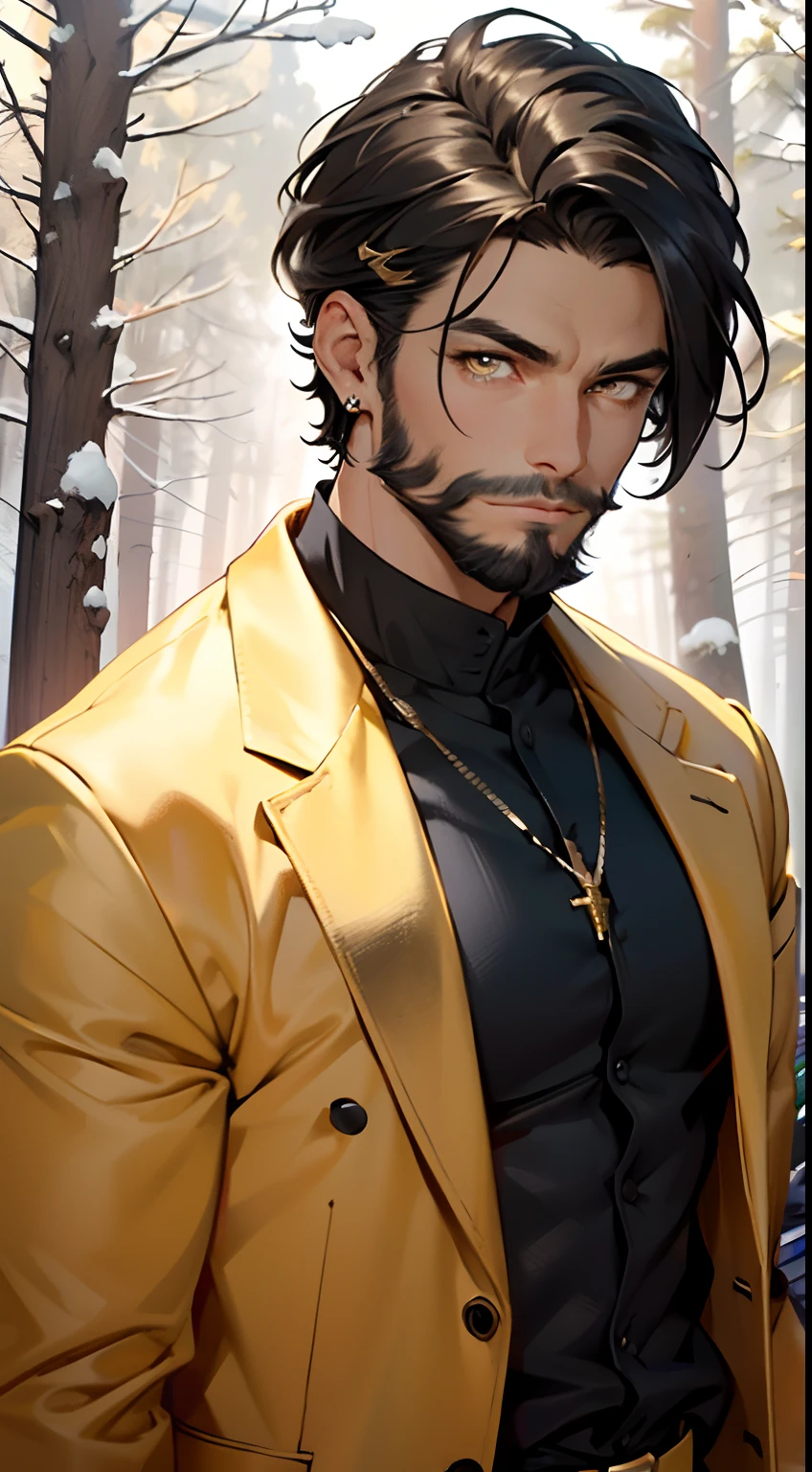 male:1.5, muscle, 1boy, big muscle, pectoral, big pectoral,  muscular, Mature man,45 year old man,adult,1 man, old macho man,perfect body,an extremely delicate and beautiful detailed face, (((gold eyes:1.3))),intricate eyes,beautiful detailed eyes,symmetrical eyes,short hair,modern very short hair,(((black very short beard, black very short beard))),very short hair,perfect face, nice beard style,(perfect hands, five fingers), perfect proportions, ((detailed face)), 

dark skin,black skin:1.35,dark skin:1.3,ebony skin,

smile,expressive eyes,   

(ultra-detailed:1.3), beautiful detailed glow,  finely detailed, ultra-detailed, 

 african,black race,african traits,elegant,

(open coat, arabian fashion,arabian coat, jeans,white shirt,  masculine features, modern style,arabian clothes),(((dark yellow coat, dark yellow coat outfit, wearing a dark yellow coat:1.3,arabian dark yellow coat))),(arabian jewelry,intricate necklace),((intricate outfit,intricate clothes)),(((intricate outfit,intricate clothes,ornate outfit))),

(dynamic pose:1.0),embarrassed,(centered,scale to fit dimensions,Rule of thirds),

((snowy pine forest at night)),with dark stormy clouds,winter,scenery:1.25,((snow forest background)),Christmas tree,

highres,sharp focus,(ultra detailed,extremely detailed),(photorealistic artwork:1.37),(extremely detailed CG unity 8k wallpaper),(((vibrant colors,vibrant theme))),(intricate),(masterpiece),(best quality),