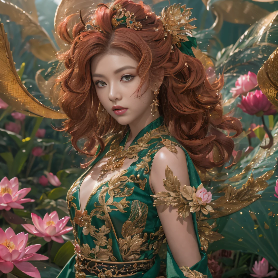 32K（tmasterpiece，k hd，hyper HD，32K）curlies，Flowing rouge，ponds，zydink， a color，  Liaoning people （Silly girl）， （Silk scarf）， Combat posture， looking at the ground，  Flowing rouge curls，Green emerald headdress， Chinese long-sleeved pink gold garment， （abstract ink splash：1.2）， Pink lotus background，Water lily flower protector（realisticlying：1.4），Rouge hair，Autumn is in full swing，The background is pure， A high resolution， the detail， RAW photogr， Sharp Re， Nikon D850 Film Stock Photo by Jefferies Lee 4 Kodak Portra 400 Camera F1.6 shots, Rich colors, ultra-realistic vivid textures, Dramatic lighting, Unreal Engine Art Station Trend, cinestir 800，Large curls，Flowing rouge