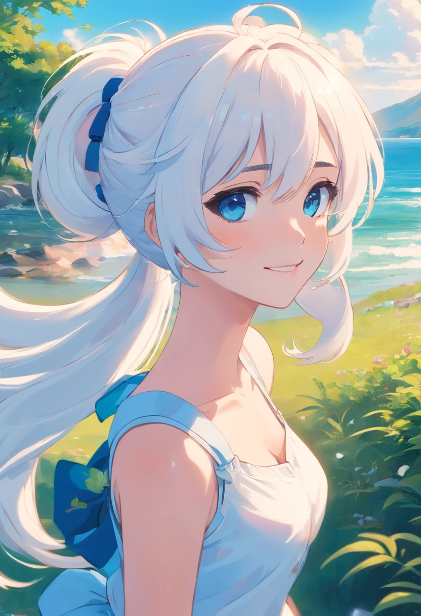 white color hair，double ponytail curls，blue color eyes，White Lolita，Beth，fantastic landscape、Invincible smile