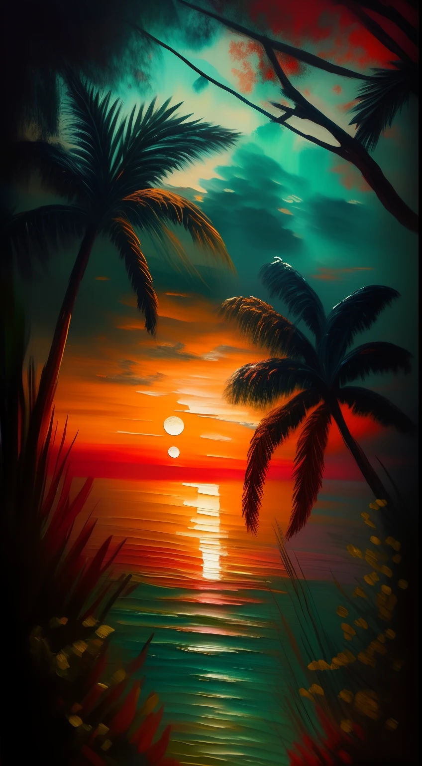 A painting of a sunset with palm trees and a body of water - SeaArt AI