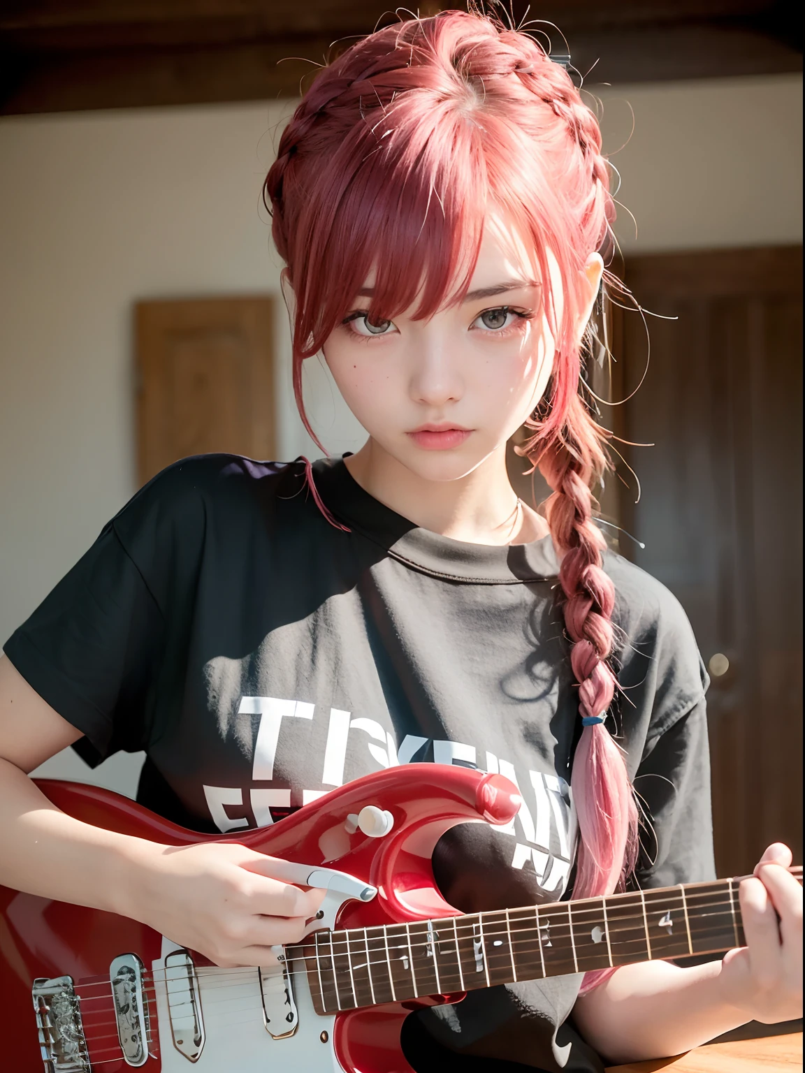 An 18-year-old woman,(hi-top fade:1.3), 18year old, s girl,no tail,(no tail),2D, masterpiece, top-quality, animesque, A detailed eye, A detailed face, girl with, Only 1 person,Pink Hair Medium Hair, (Pink hair), Ear Hair, small tits, Single braid, (Single braid), (Side braid), (Playing the Red Electric Guitar, 6 strings), Dark theme, Muted colors, High contrast, (Tuttos skin texture, Hyper-Realism, Soft light, sharp), Psychedelic T-shirt,