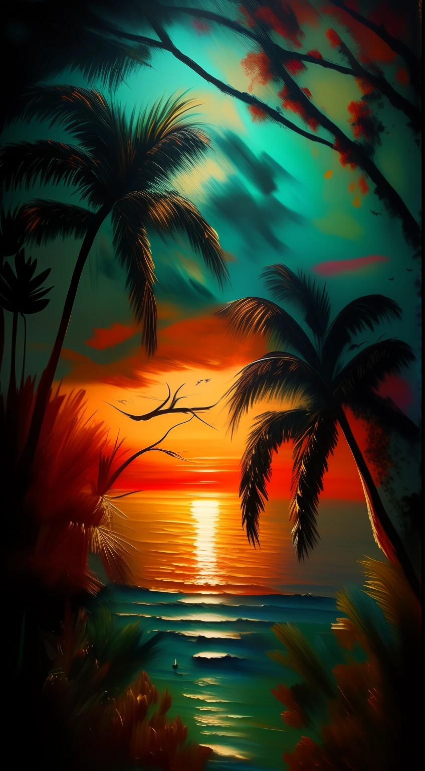 a painting of a sunset with palm trees and the ocean, colorful sunset, most beautiful sunset, colorful sunset!, beautiful sunset, beautiful sunset glow, nature painting, sunset colors, tropical paradise, sunset color, nice sunset, beautiful painting,  stunning painting, a beautiful painting, red sun over paradise, vibrant sunset, breathtaking colors, sunset glow, stunning sunset Best quality sunset, masterpiece, ultra high res, (photorealistic: 1.4),