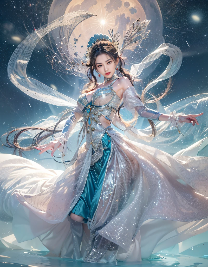 (beautiful model as Diao Chan in Chinese epic drama, beautiful Long hair), solo, ((face is 80% beauty and elegance, 20% pretty and cute:1.5)), (Her roots are in Eastern Europe and Asia), clear eyes, (detailed eyes, light brown eyes, bright pupils), Double Eyelids, (sexy lips with a little thickness:1.2), super detailed and incredibly high resolution shiny silver water sleeve costume, Highly Detailed Face Texture, (radiating confidence:1.25), striking body shape, curvy and very attractive woman, (pose emphasizing body shape:1.4), high-resolution RAW color photo pro photo, BREAK ultra high-resolution skin textures, High-res body rendering, big eyes, unparalleled masterpiece, incredible high resolution, super detailed, shiny skin, skin dantation, seductive gaze, stunning ceramic skin, BREAK Costume is (elaborate and gorgeous Chinese classical dance shiny silver water sleeve costume:1.5) and ((See-through shiny silver long skirts that dance in the wind:1.5)), (The main color is shiny silver:1.5), (Classical Chinese dance costumes with elaborate and graceful decorations:1.5), (The necklaces and bangles that shine in lapis lazuli, and the edges of the costumes also shine in lapis lazuli), (Dancing under the moonlight on a slightly snowy night:1.5), BREAK ((Costume fluttering and fluttering by right rotational movement:1.5)), ((Hair flows in a right-handed rotary motion:1.5)), BREAK ((Best Quality, 8k)), Crisp Focus:1.2, (Layer Cut, Big:1.2), (Beautiful Woman with Perfect Figure:1.4), (Beautifully shaped breasts:1.3), Slender Abs、Wet Body:1.5, (Correct hand shape:1.5), (NSFW:0.5)