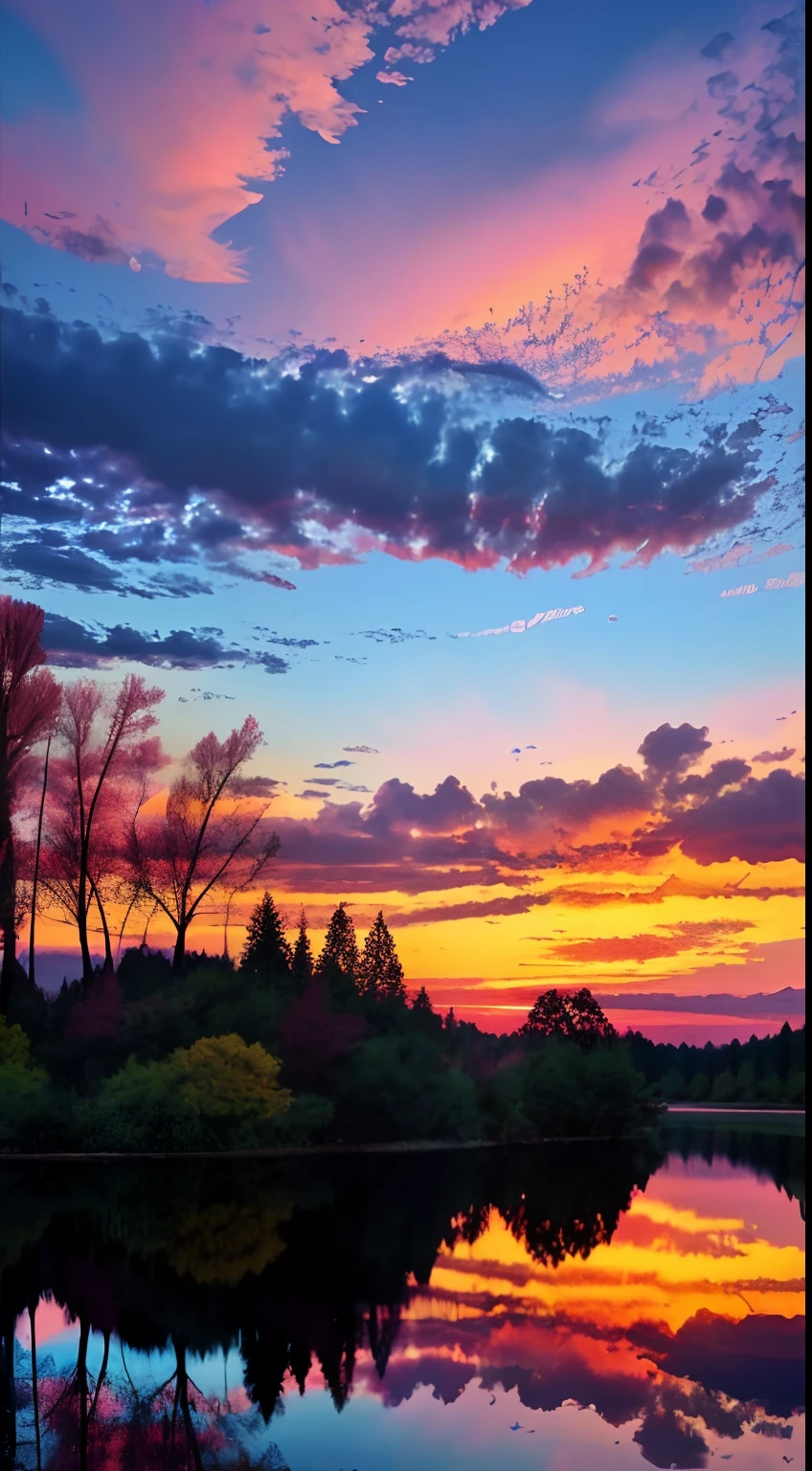 there is a beautiful sunset with a lake and trees in the background, colorful skies, surreal colors, colorful sunset, colorful sky, marvellous reflection of the sky, stunning sky, dream like atmosphere 8k, colorful clouds, colors reflecting on lake, surreal sky, red and blue reflections, fire reflection, beautiful sky, beautiful and spectacular dusk, beautiful dreamy landscape, amazing sky