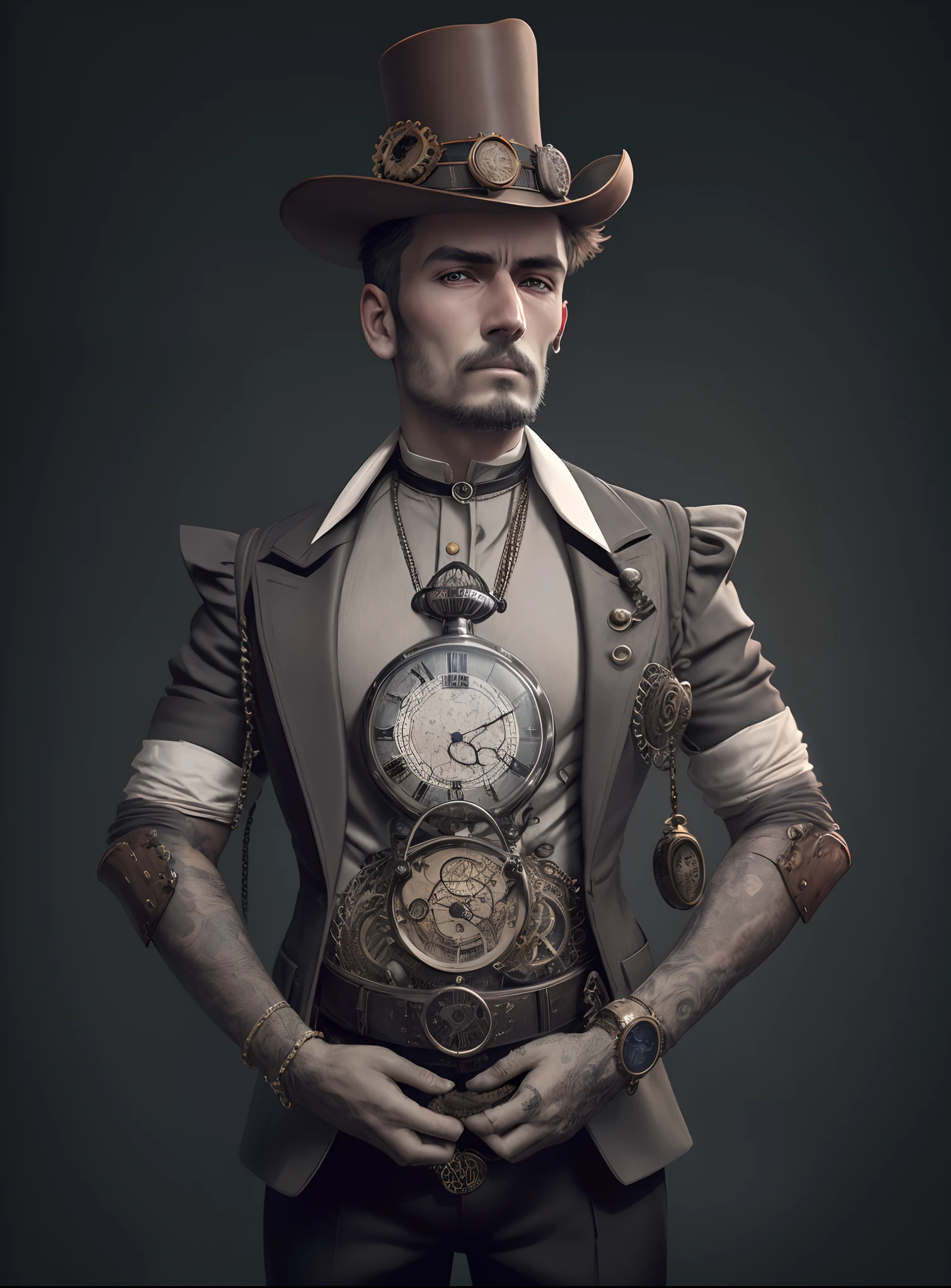 There's a man in a suit with a watch on his chest, Retrato masculino steampunk, Clockpunk, steampunk aesthetic, holding a pocket watch, steampunk imagery themed, 3d renderizado steampunk, clockwork steampunk, Mechanical Automaton, design steampunk, clockwork woman, estilo steampunk, arte digital steampunk, roupas steampunk, estilo de fantasia steampunk, vivid steampunk concept, usando trajes steampunk