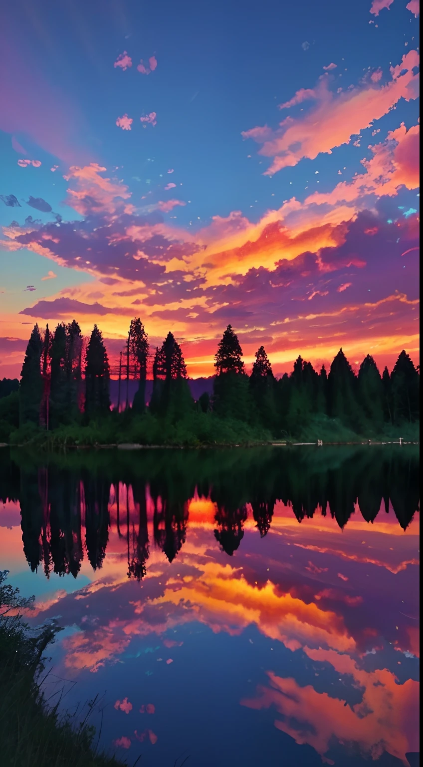 there is a beautiful sunset with a lake and trees in the background, colorful skies, surreal colors, colorful sunset, colorful sky, marvellous reflection of the sky, stunning sky, dream like atmosphere 8k, colorful clouds, colors reflecting on lake, surreal sky, red and blue reflections, fire reflection, beautiful sky, beautiful and spectacular dusk, beautiful dreamy landscape, amazing sky