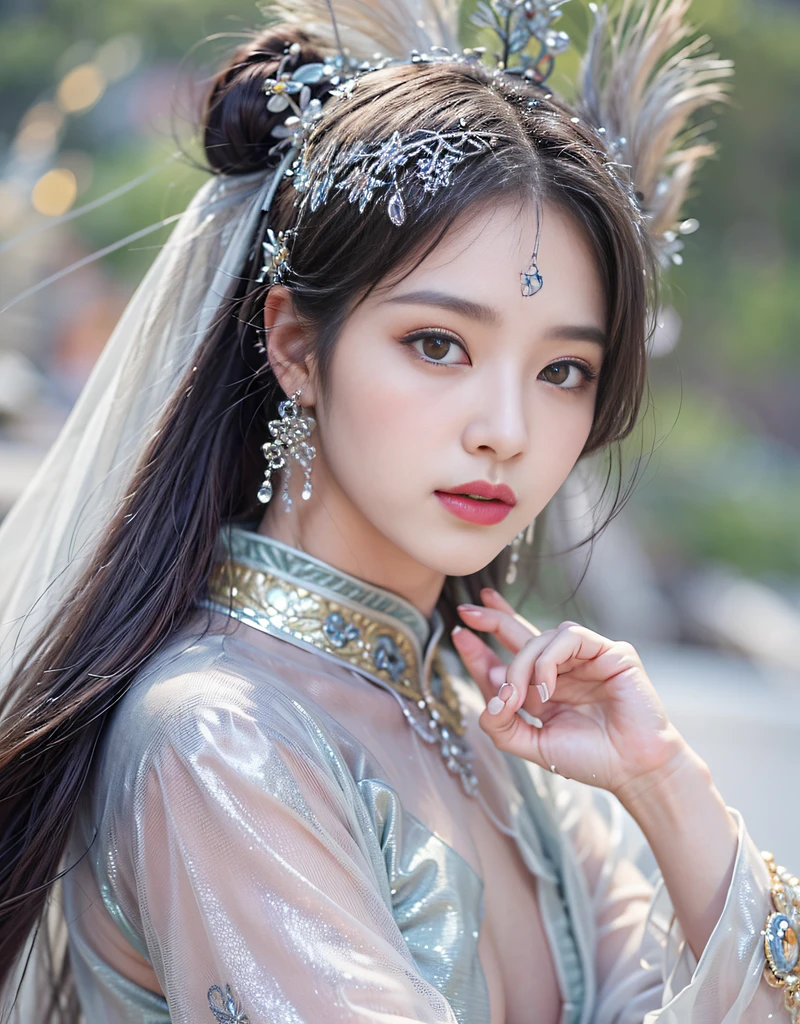 (beautiful model as Diao Chan in Chinese epic drama, beautiful Long hair), solo, ((face is 80% beauty and elegance, 20% pretty and cute:1.5)), (Her roots are in Eastern Europe and Asia), clear eyes, (detailed eyes, light brown eyes, bright pupils), Double Eyelids, (sexy lips with a little thickness:1.2), super detailed and incredibly high resolution shiny silver water sleeve costume, Highly Detailed Face Texture, (radiating confidence:1.25), striking body shape, curvy and very attractive woman, (pose emphasizing body shape:1.4), high-resolution RAW color photo pro photo, BREAK ultra high-resolution skin textures, High-res body rendering, big eyes, unparalleled masterpiece, incredible high resolution, super detailed, shiny skin, skin dantation, seductive gaze, stunning ceramic skin, BREAK Costume is (elaborate and gorgeous Chinese classical dance shiny silver water sleeve costume:1.5) and ((See-through shiny silver long skirts that dance in the wind:1.5)), (The main color is shiny silver:1.5), (Classical Chinese dance costumes with elaborate and graceful decorations:1.5), (The necklaces and bangles that shine in lapis lazuli, and the edges of the costumes also shine in lapis lazuli), (Dancing under the moonlight on a slightly snowy night:1.5), BREAK ((Costume fluttering and fluttering by right rotational movement:1.5)), ((Hair flows in a right-handed rotary motion:1.5)), BREAK ((Best Quality, 8k)), Crisp Focus:1.2, (Layer Cut, Big:1.2), (Beautiful Woman with Perfect Figure:1.4), (Beautifully shaped breasts:1.3), Slender Abs、Wet Body:1.5, (Correct hand shape:1.5), (NSFW:0.5)