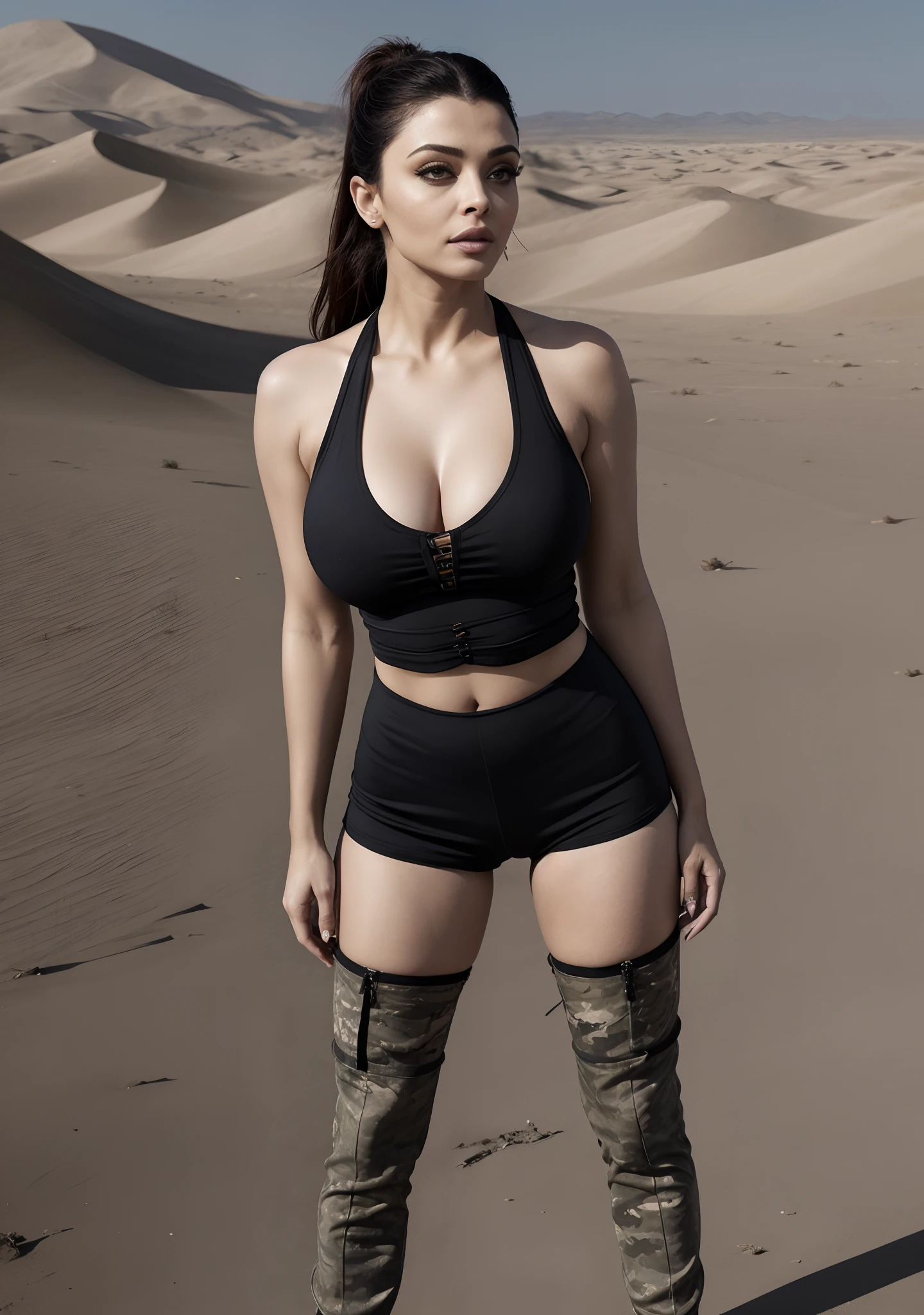 Day scene, athletic milf body of aishwarya rai, thigh high boots, large breasts, camouflage tank top with hot pants,posing in desert army camp, massive cleavage show, seductive face, seducing eye expression, tied up high ponytail hair, erotic adult face, 45 yo, soft volumetric lights, intricate details, (ArtStation:1.2)