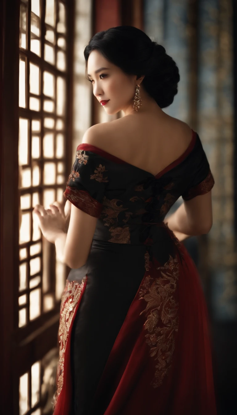 Masterpiece, Best quality, (Photorealistic:1.4), full bodyesbian, (dress:1.1)(evening formal robes:1.1)(Wisps 1.1)(Embroidered seedling edge Q1.1) view over city, Cinematic light, Beautiful woman, ((From any direction)), sport, Large breasts, Black hair,Chinese face, rim, Detailed dress,