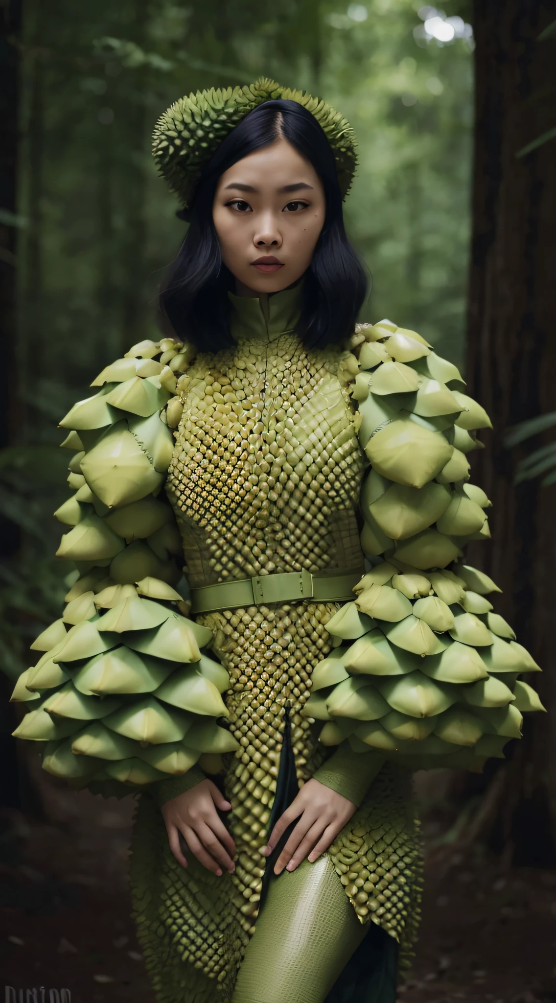 A woman in a durian skin dress and durian hat stands in the forest, Durian leather armor, Durian Leather Armor Forest, Durian dress