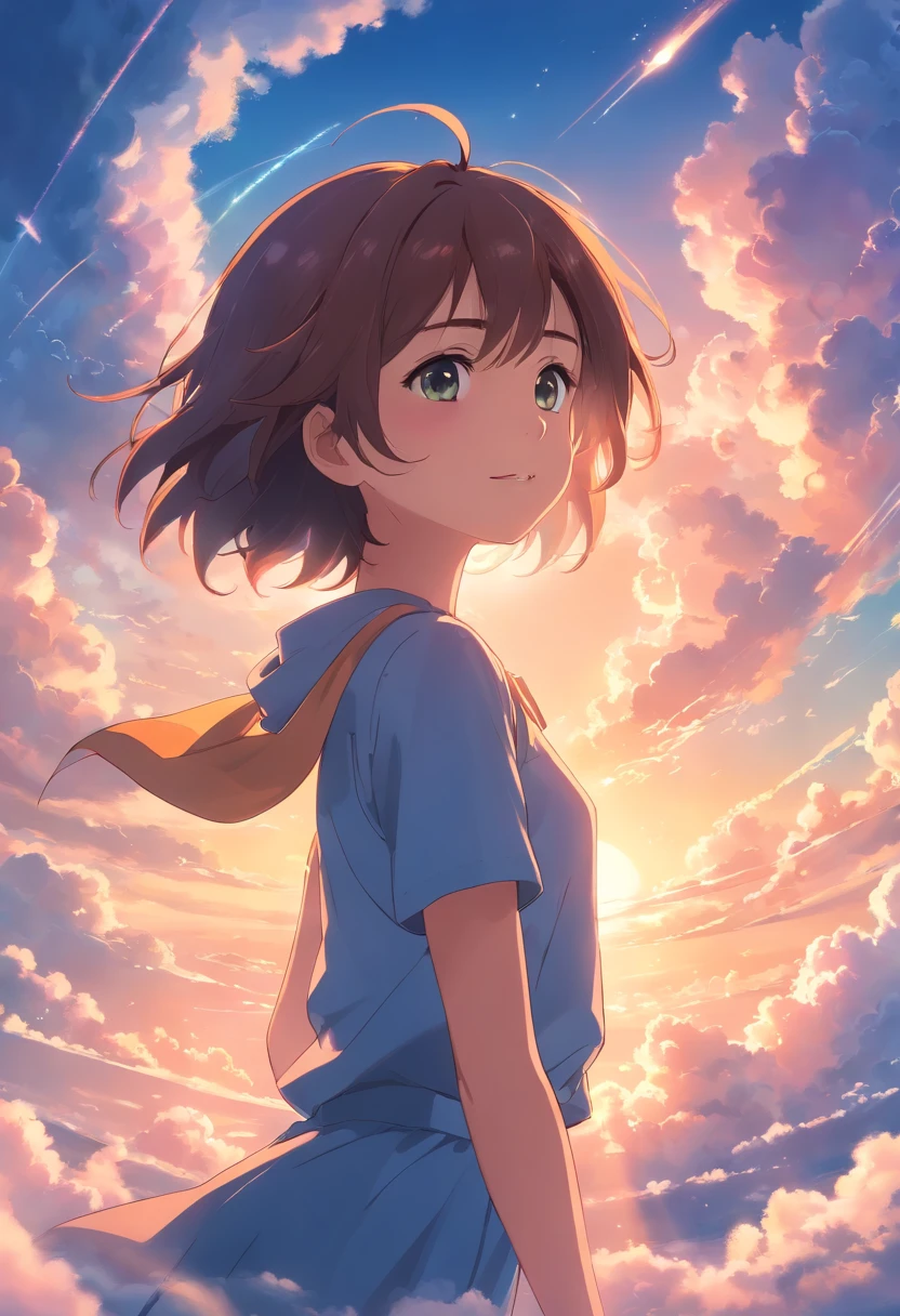 masterpiece, best quality, movie still, 1girl, cloud girl, floating in the sky, close-up, bright, happy, warm soft lighting, sunset, (sparks:0.7)