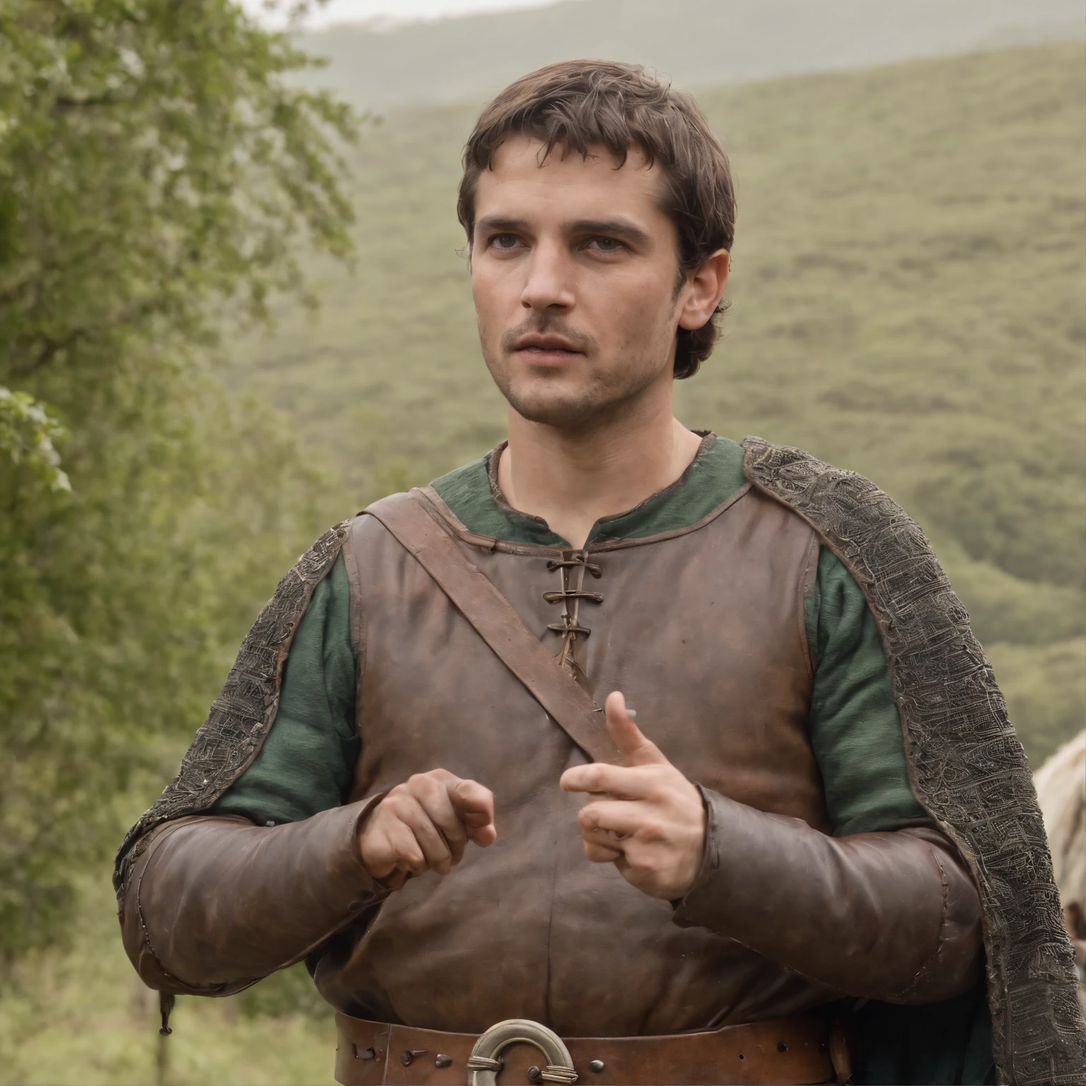 Homem medieval, commanding an army, man pointing his hand in one direction, boca queimada, rosto queimado cicatriz, olho verde, cabelo raspado uretral