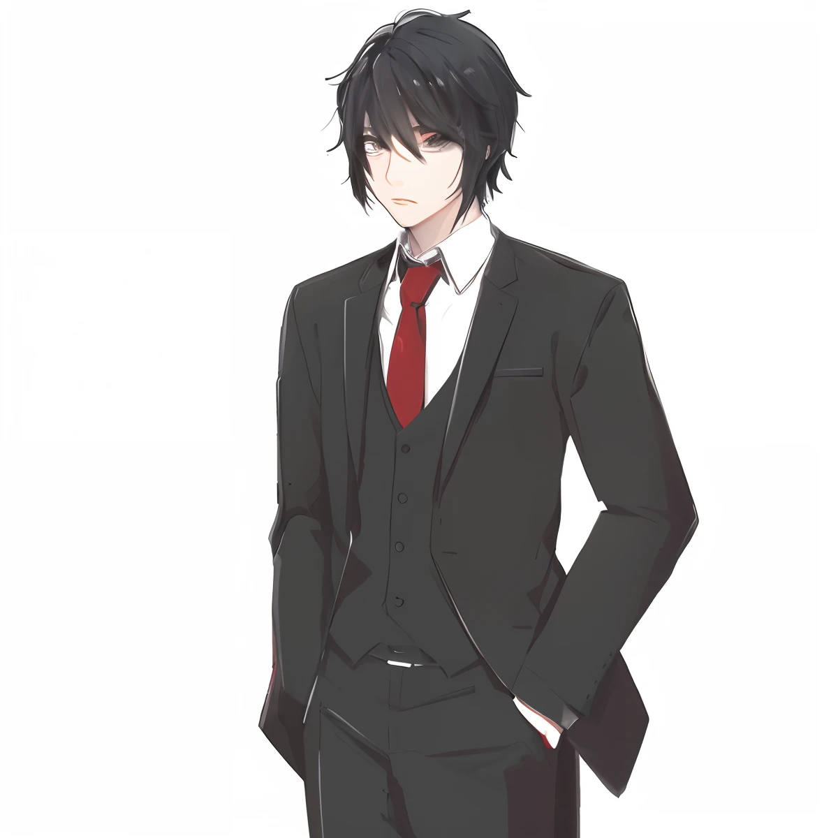 Avatar boy anime character, pale white skin, black hair, dark circles under the eyes, [gray eyes,] droopy eyes, tired, black suit, white t-shirt and red tie, illustration, full body, front view, close up, no background.  - --auto --s2