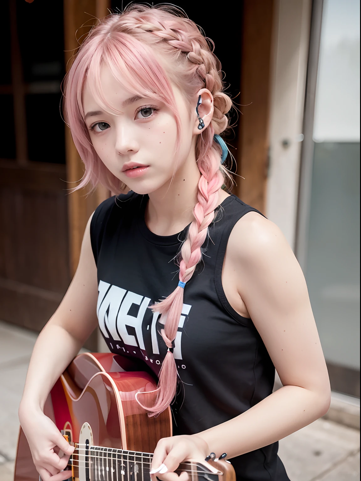 An 18-year-old woman,(hi-top fade:1.3), 18year old, teens girl,no tail,(no tail),2D, masterpiece, top-quality, animesque, A detailed eye, A detailed face, girl with, Only 1 person,Pink Hair Medium Hair, (Pink hair), Ear Hair, small tits, Single braid, (Single braid), (Side braid), (Playing the Red Electric Guitar, 6 strings), Dark theme, Muted colors, High contrast, (Tuttos skin texture, Hyper-Realism, Soft light, sharp), Psychedelic T-shirt,
