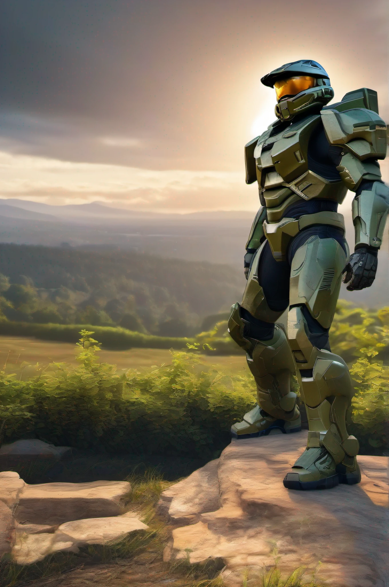 scenic view, cinematic lighthing, Master Chief de Halo em sua armadura Mjolnir, em uma pose heroica em um campo de batalha, estilo de arte conceitual de videogame, 8k, hdr, --ar 3:2 --v 4