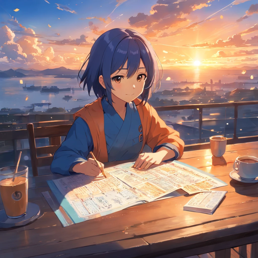 a Cute little alien cartoon holding bitcoins, at a rustic table, imerso em sua escrita, with a concentrated and inspired expression. Ao redor dele, coloque pilhas de manuscritos, penas e tinteiros, Scribbled papers with notes and a steaming cup of coffee. The sky above is dyed in muted shades of blue and orange, sugerindo o nascer do sol ou entardecer, The clouds scattered across the sky form subtle outlines of letters and words, floating into the sky, Close-up, brilhante, Feliz, Soft lighting and Warm, sunrise, (Sparks: 0,7) morning