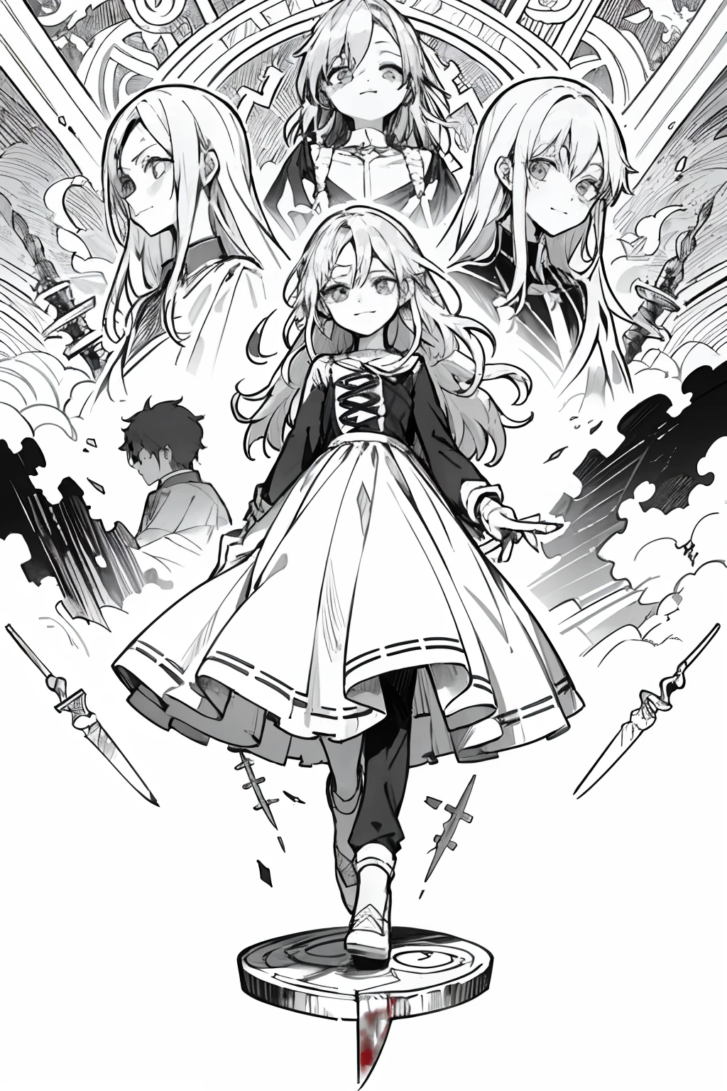 absurdos, high resolusion, (ilustratio: 1.3)、 ((Masutepiece)), animesque、((La mejor calidad)), (Ultra detallado), ((extremadamente detallado)), (Beautiful), ((Chico)), (Lori:1.7), solo,(25-years old:1.6)、cuerpo completo Esbian、Transparent skin of the pale forest、Ojos rojos brillantes、Cabello color negro、sonriendo suavemente、Ruinas de edificios、(Boy holds a bloody knife in his hands)、Vestimenta blanca、The house is full of blood、The is bloodied、Devolver sangre、Lluvia de sangre del techo、Low-angle full-body shooting、(sonrisa loca)