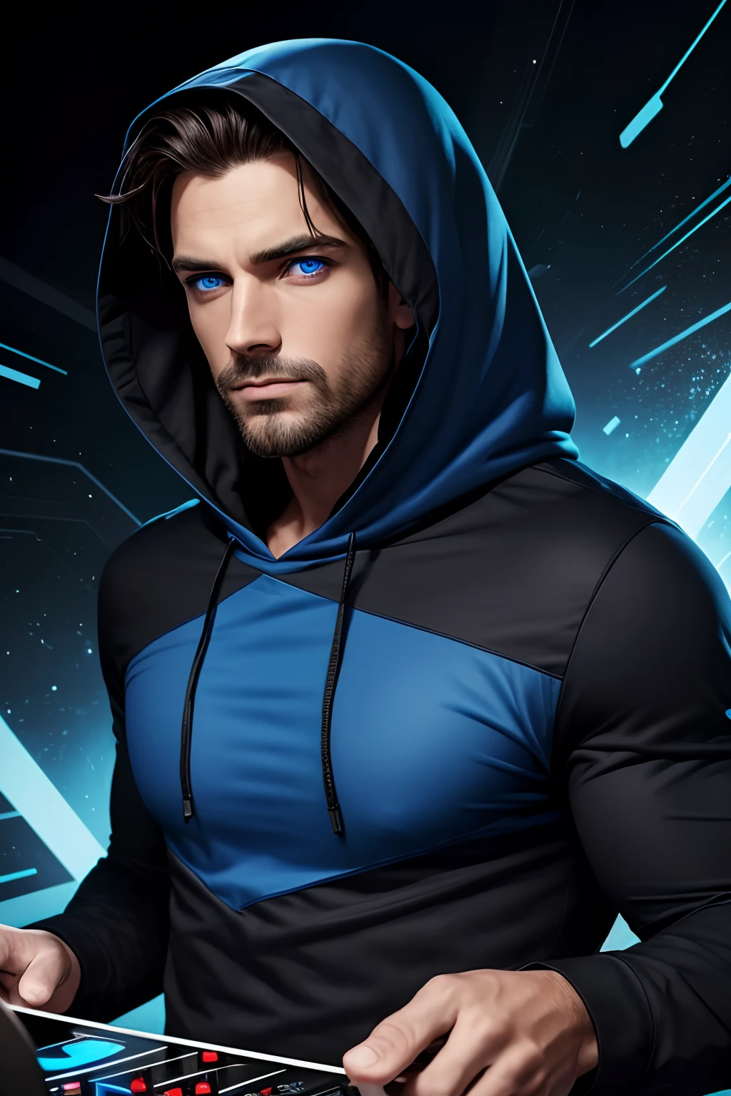A man with real colors on the front, highs quality, Realistic, extremely realistic, He wears a blue long-sleeved shirt with black details, Hooded, bright blue eyes, With effects, Dj