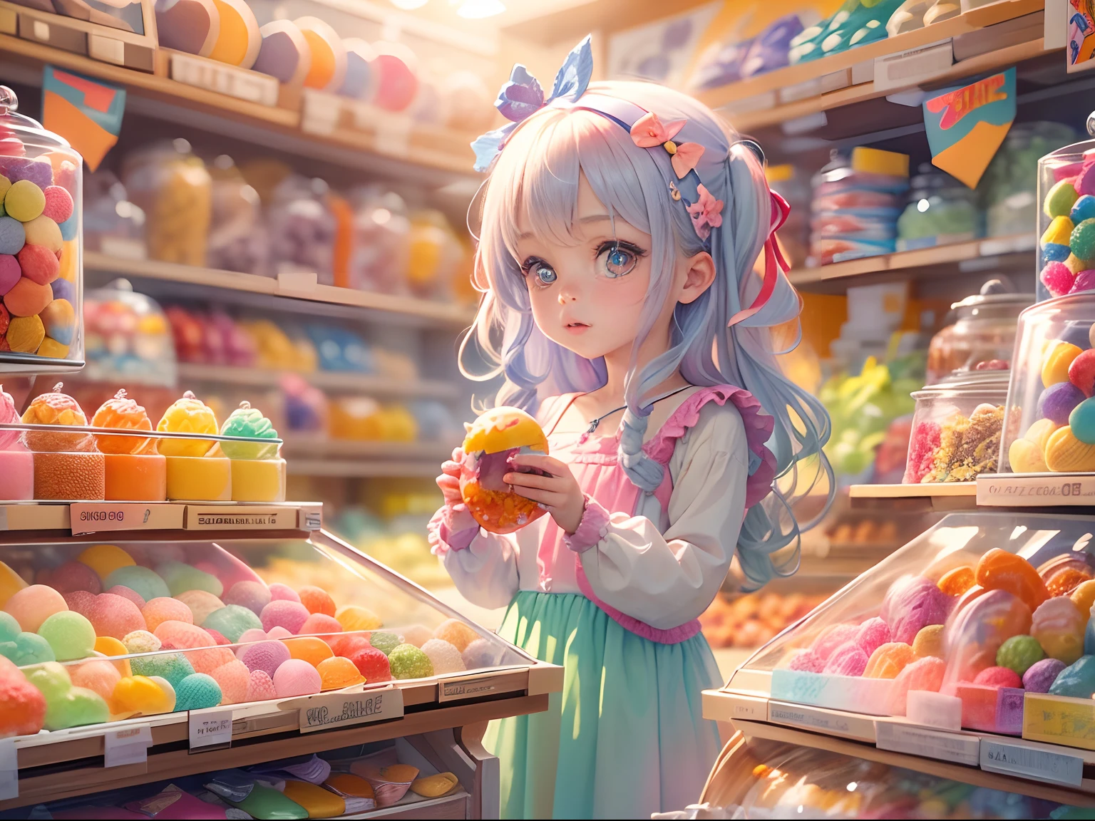 Little girl in the candy store, Brightly colored sweets, and the sun was shining brightly, k hd, the detail.