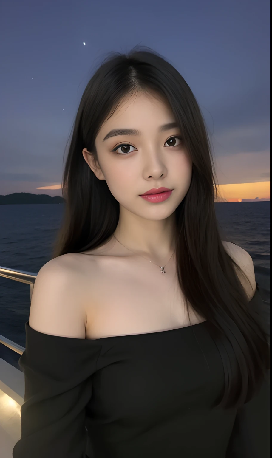 （Original photo of 8K，best qualtiy，tmasterpiece：1.2），（Medium view），the night，Night on a yacht，Sea and night view in the background，best qualtiy，tmasterpiece，（Small mouth：1.2），short- sleeved，short- sleeved，short- sleeved，short- sleeved，an extremely delicate and beautiful one，，astounding，finely detailled，tmasterpiece，Best quality at best，（age 22：1.2），Narrow waist，Slim，is shy，Pure，adolable，Bushy hair，Soft hair，big breasts beautiful，（long whitr hair：1.2）