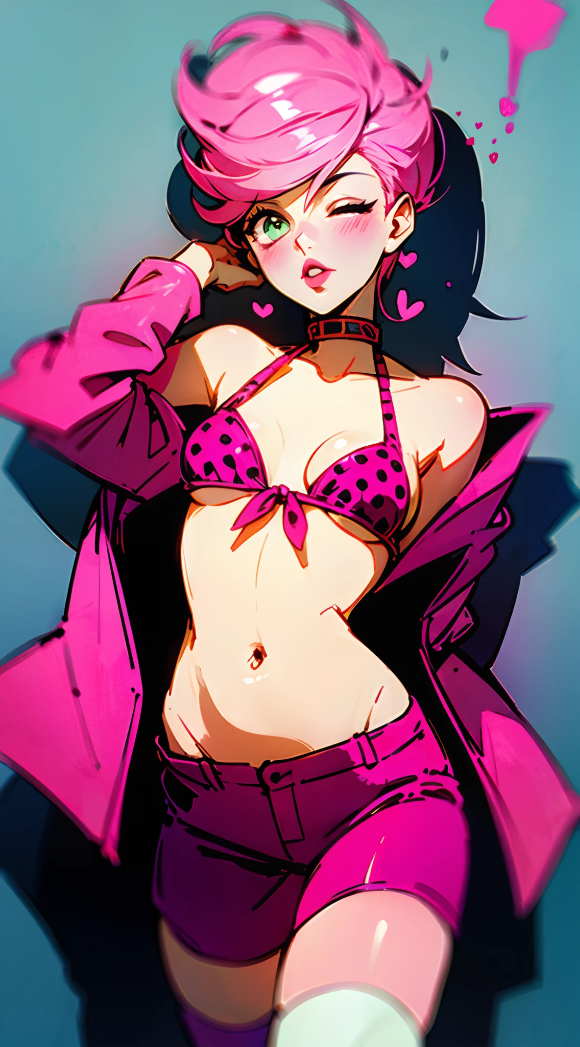 trishuna, trishjojo, trish jojo, trish una, pink hair, green eyes, pink lipstick, full lips, absurdres, absolutely resolution, incredibly absurdres, highres, ultra detailed, official art, unity 8k wallpaper, Kinetic Typography
BREAK
(1girl:1.4), solo, dynamic poses, dynamic angle, cowboy shot, upper body
BREAK
looking at viewer, one eye closed , smile, (arms behind back, one arm behind head, one arm up:1.4)
BREAK
white_crop top, denim shorts, black belt choker, thigh strap, (paint on body:1.2), (headset, headphone:1.2),
BREAK
linea alba, midriff, navel, cleavage, underboob, head tilt, (Heart painted:1.2)
BREAK
from above, looking up, (graffiti:1.4), paint splatte, against wall, bored
BREAK
depth of field, bokeh
BREAK
nice hands, perfect hands, open clothes, open shirt, open jacket, (pink jacket:1.4), shirt, pink shirt, sleeves past wrists, long sleeves, off shoulder, bare shoulders BREAK swimsuit, polka dot, bikini, micro bikini, (lowleg bikini ,polka
dot
bikini , pink bikini,:1.4) (tie_side, string bikini:1.2)
BREAK
thighhighs, white thighhighs, thigh gap, skindentation
BREAK
white background, simple background
BREAK
nice hands, perfect hands,