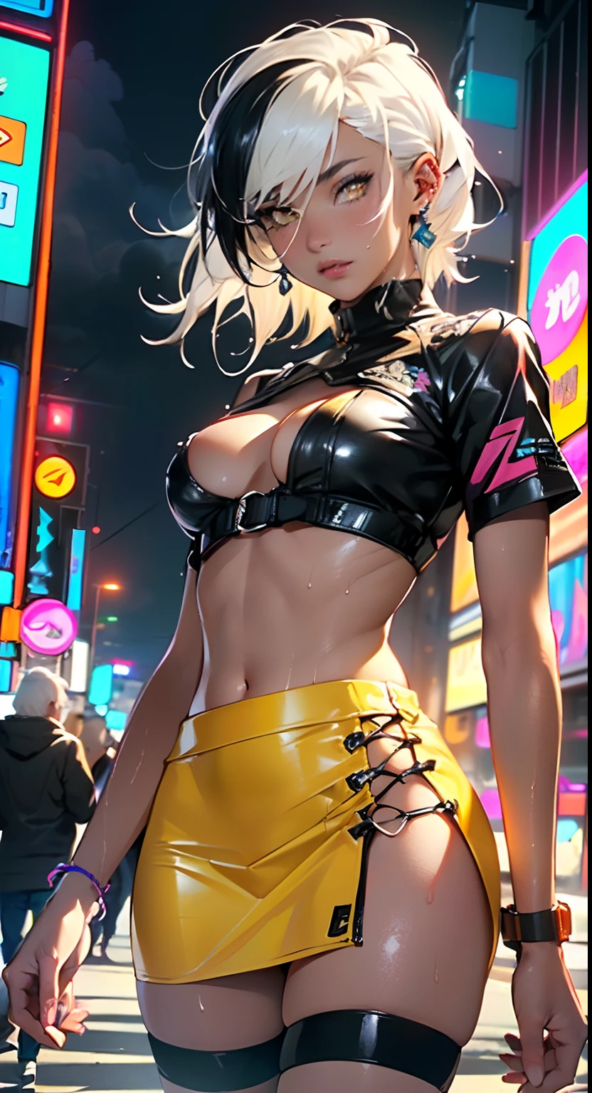 dark skin,very dark skin,dark_skin,
girl rave,(((1girl))),((girl with extremely cute and beautiful white hair)),

(large breasts:1.4),saggy breasts,(((white hair:1.35,straight hair,long hair:1.4,colored inner hair,ear breathing))),(((very light yellow eyes:1.3))),intricate eyes,beautiful detailed eyes,symmetrical eyes,((fat)),((((black girl,black skin,dark-skinned_female,dark skin:1.3,ebony skin,lustrous skin:1.5,bright skin: 1.5,shiny skin,very shiny skin,shiny body,plastic glitter skin,exaggerated shiny skin,shiny skin like ebony,illuminated skin, wet legs))),(spider lower abdomen,narrow waist,wide hip,athletic body,inflated legs,delicate detailed fingers,detailed body,human hands,(detailed face)),

cute,slutty,seductive,erotic,(((nsfw))),

zettai ryouiki,revealing clothing,show skin,((rave shirt with an yellow print,rave mini-skirt,visible thong straps)),(wearing a rave outfit:1.3,rave clothes,semi-naked,with little clothing),((wet clothes,intricate outfit,intricate clothes)),

(dynamic pose:1.0),solo focus,embarrassed,(centered,scale to fit dimensions,Rule of thirds),

cyberpunk city by the ocean at night, with bright neon signs and dark stormy clouds and puddles, scenery:1.25,

highres, sharp focus, (ultra detailed, extremely detailed), (photorealistic artwork:1.37),(extremely detailed CG unity 8k wallpaper),((synthwave background theme)),(((vibrant colors))),(intricate background),(masterpiece),(best quality),