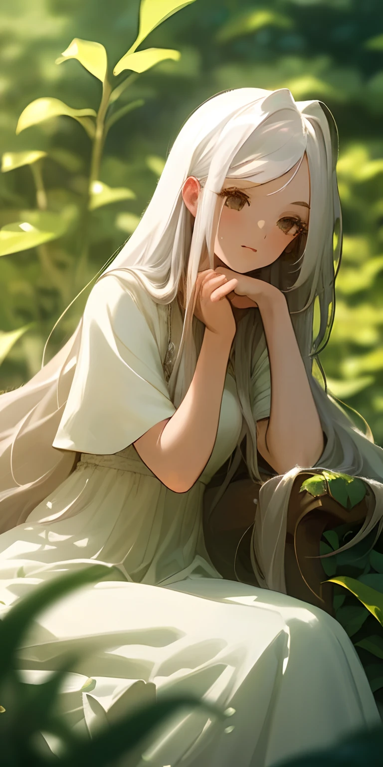 (masterpiece, best quality),1girl with long white hair sitting in a field of green plants and flowers, her hand under her chin, warm lighting, white dress, blurry foreground