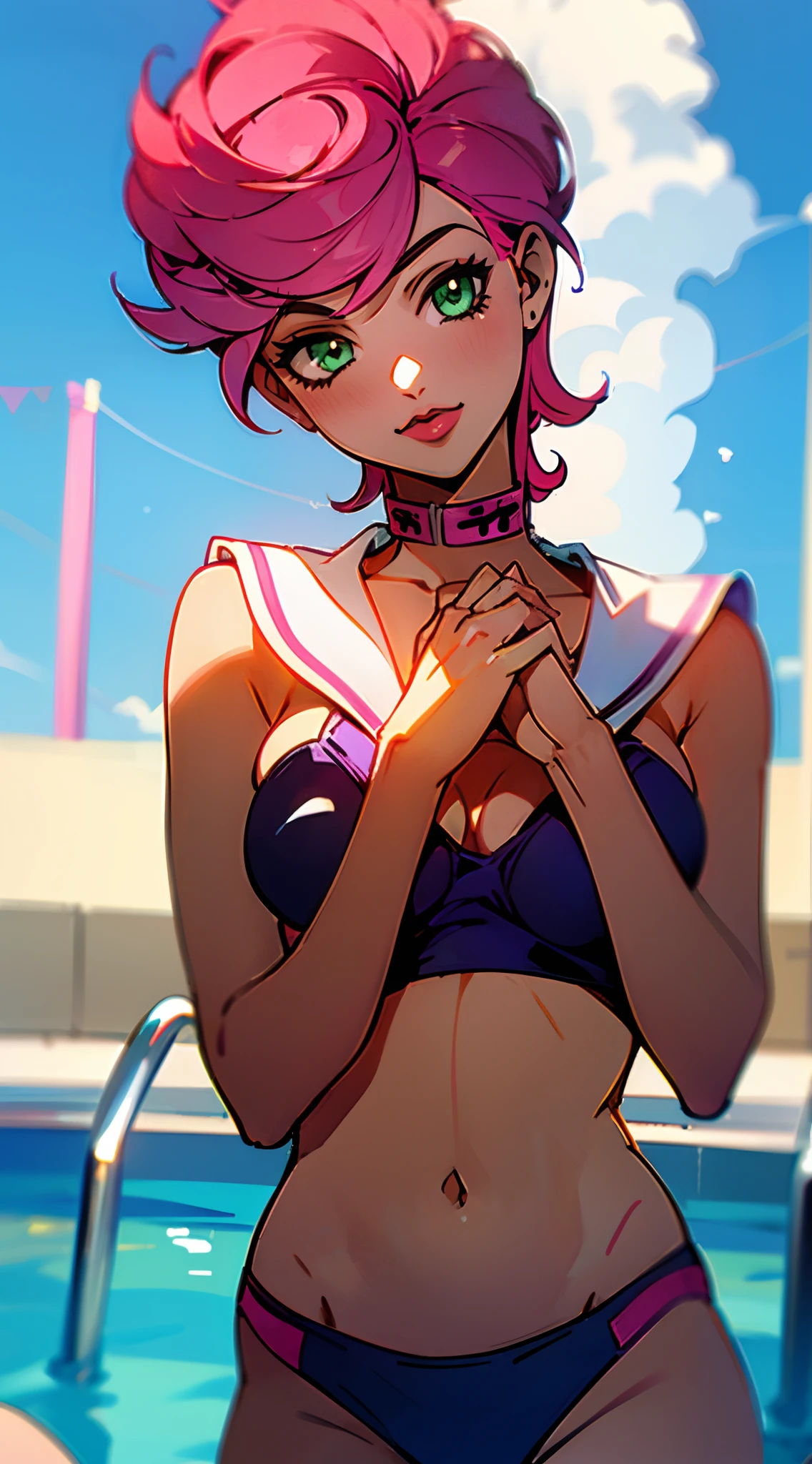 trishuna, trishjojo, trish jojo, trish una, pink hair, green eyes, pink lipstick, full lips, absurdres, absolutely resolution, incredibly absurdres, highres, ultra detailed, official art, unity 8k wallpaper, Kinetic Typography
BREAK
(1girl:1.4), solo, (cute, kawaii:1.2), dynamic poses, dynamic angle, cowboy shot, upper body , looking at viewer
BREAK
smile, shiny hair
BREAK
(breast suppress, breast hold, hands on own chest:1.4), thigh gap, (head tilt:1.4)
BREAK
school_swimsuit, school_swimsuit under school uniform, (school uniform, top half sailor: 1.2), (wet clothes, see through:0.6)
BREAK
(outdoor, clear water, pool, poolside, blue sky, cumulonimbus:1.4), natural
BREAK
depth of field, bokeh
BREAK
nice hands, perfect hands,