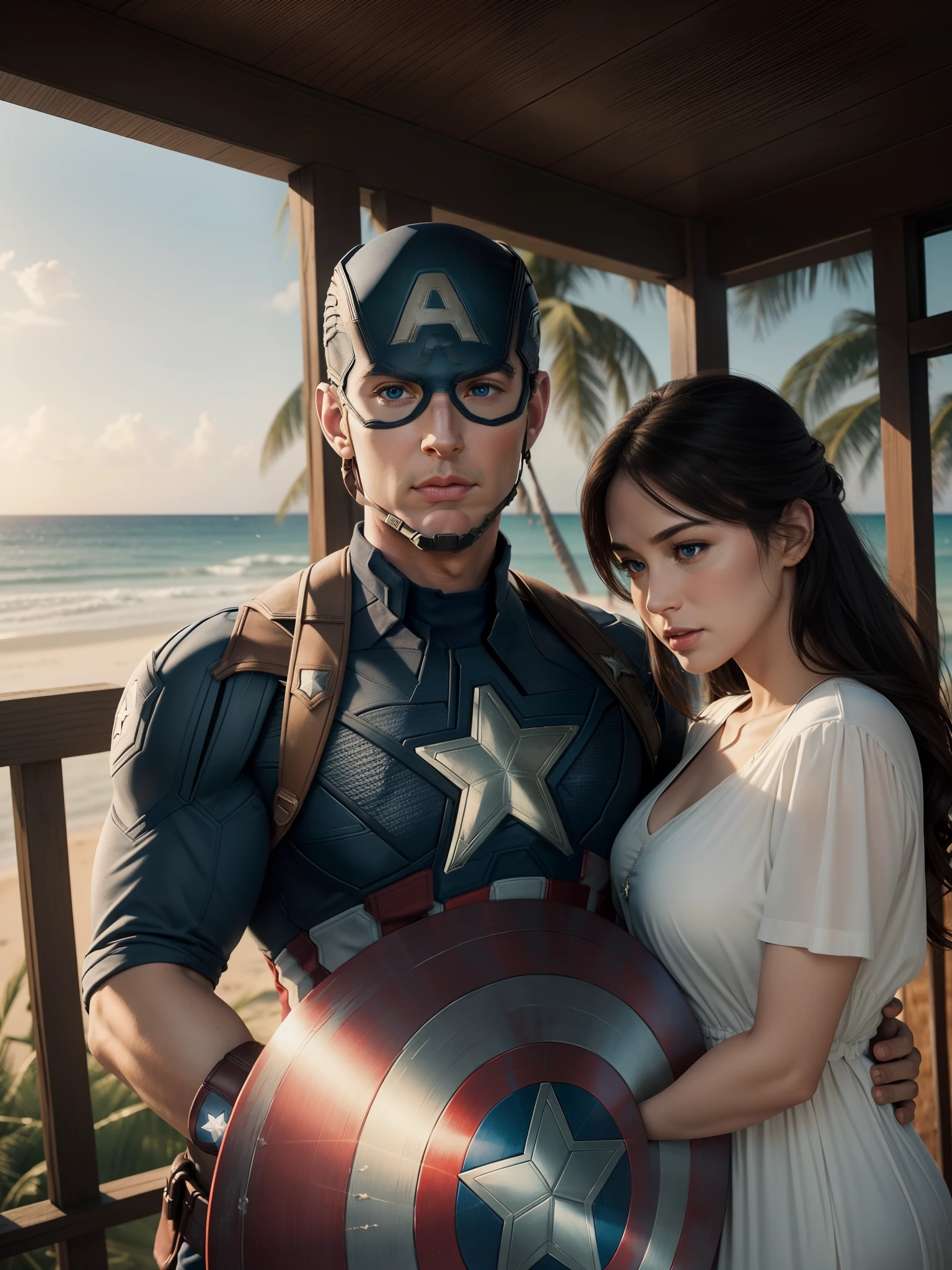 ((("Photorealistic Captain America and Wife on Vacation")))
Subject: An evocative photorealistic photograph capturing Captain America and his wife enjoying a vacation together in a serene location.
Type of Image: Photorealistic photograph, perfect eyes.
Art Styles: Realism, Serene.
Art Inspirations: Captain America's iconic presence and the tranquility of vacation.
Characters: Captain America and his wife depicted in a calm and intimate vacation moment.
Background: A peaceful vacation spot, such as a tranquil beach, idyllic countryside, or cozy cabin, creating a sense of calm and escape.
Camera: Medium shot.
Pose: Natural and relaxed pose that conveys their bond and the peaceful atmosphere.
Lighting: Soft and gentle lighting, enhancing the serene ambiance of the scene.
Resolution: High-resolution, capturing intricate details of the characters and the vacation backdrop.
Camera Lens: 50mm.
View: Medium shot.