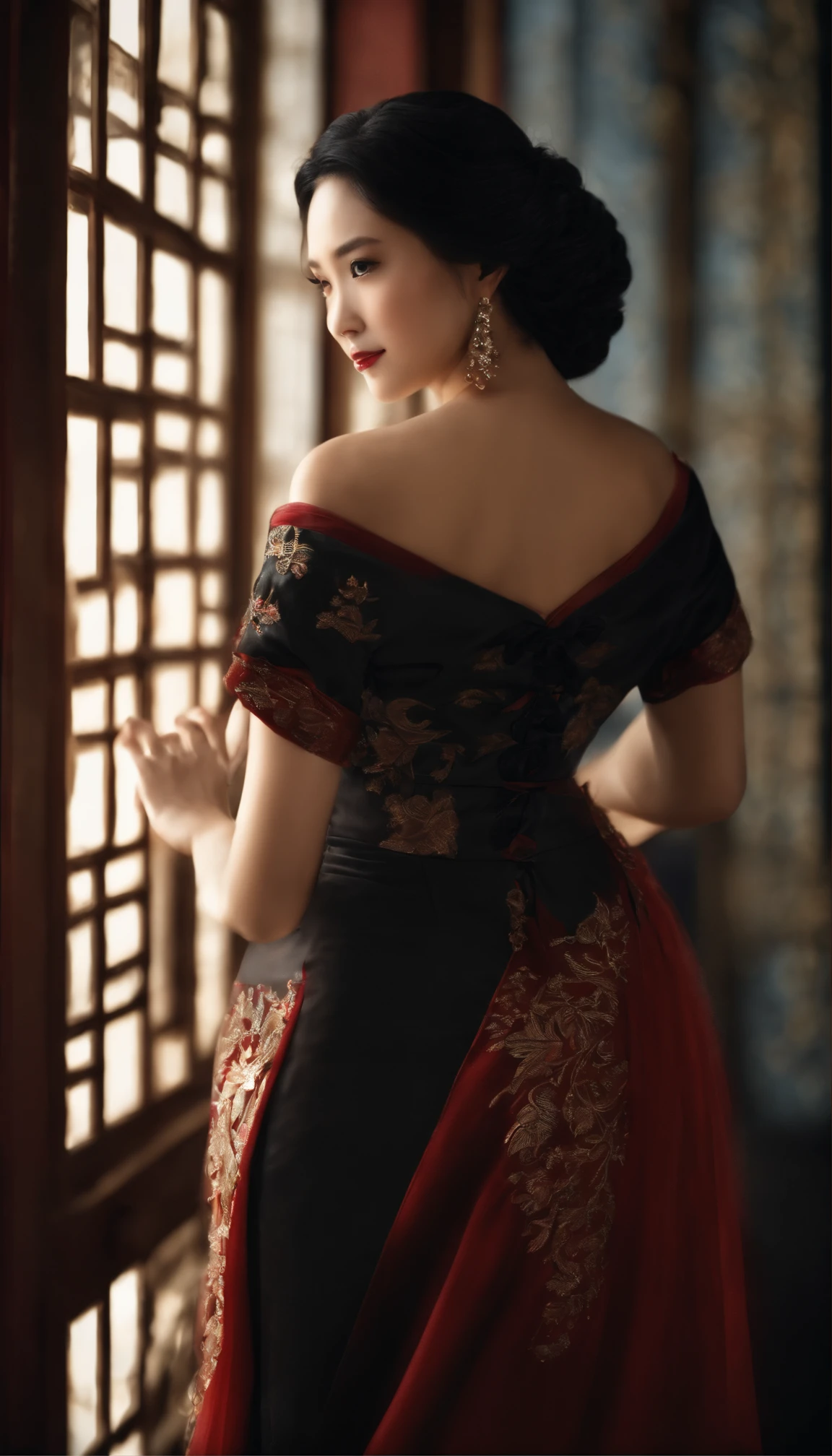 Masterpiece, Best quality, (Photorealistic:1.4), full bodyesbian, (dress:1.1)(evening formal robes:1.1)(Wisps 1.1)(Embroidered seedling edge Q1.1) view over city, Cinematic light, Beautiful woman, ((From any direction)), sport, Large breasts, Black hair,Chinese face, rim, Detailed dress,