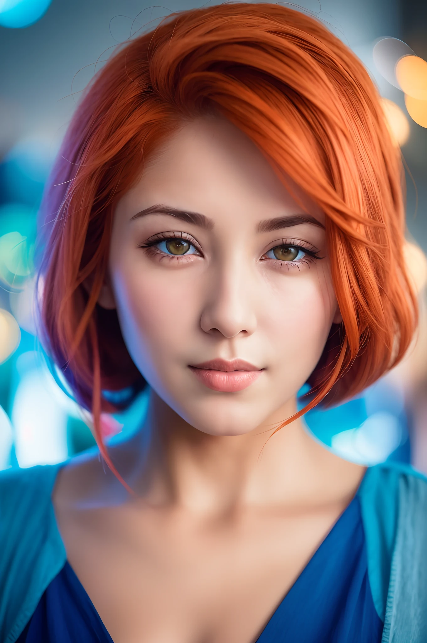 arafed woman with orange hair and brown eyes posing for a picture, soft portrait shot 8 k, attractive features, photo of a beautiful woman, orange glowing hair, beautiful woman, color portrait, perfect jawline