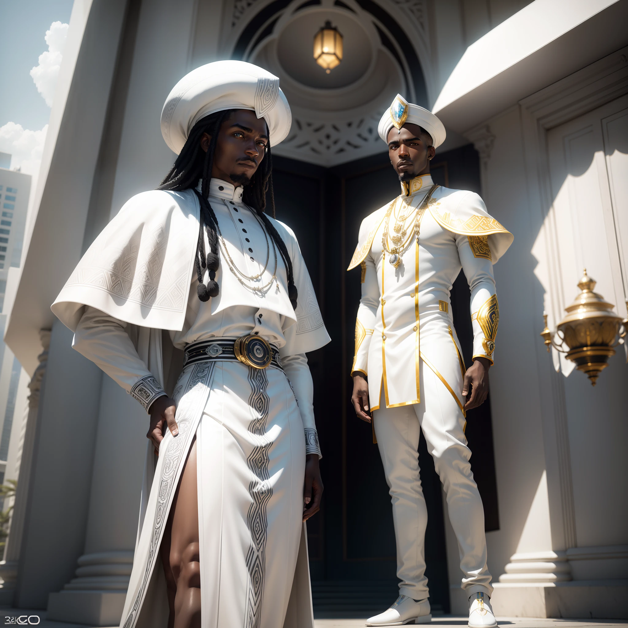 black man wearing African designed white clothes, standing next to a highly detailed chrome white African designed Bugatti car, in a city with white buildings and architecture, coloured white African designed sculptures, all white coloured in scene, cgsociety 9, with iridescent light, 32k, ultra HD, unreal engine rendered, cinematic lighting, bright and vibrant colours, photorealistic image,