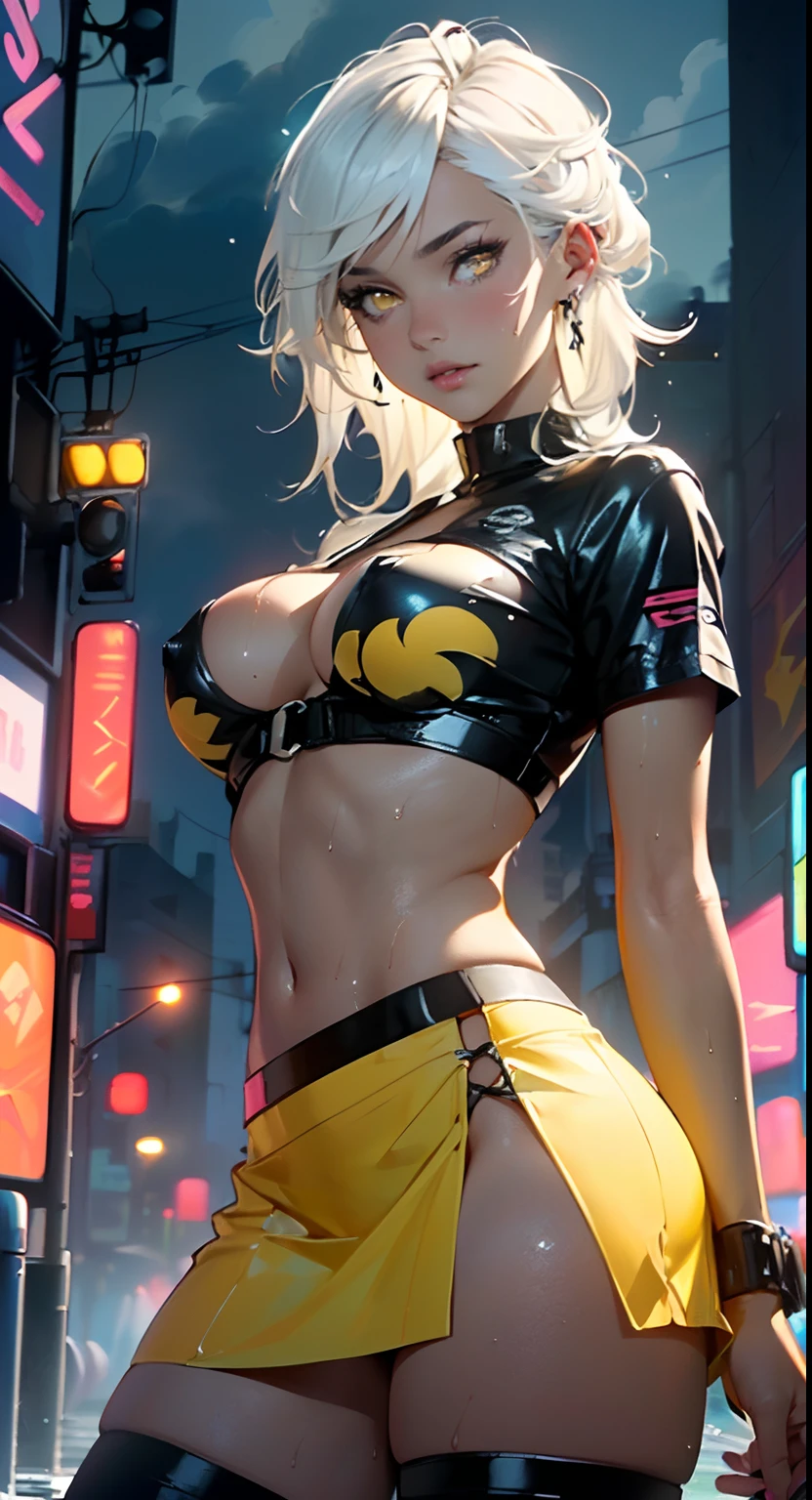 dark skin,very dark skin,dark_skin,
girl rave,(((1girl))),((girl with extremely cute and beautiful white hair)),
(large breasts:1.4),saggy breasts,(((white hair:1.35,straight hair,long hair:1.4,colored inner hair,ear breathing))),(((very light yellow eyes:1.3))),intricate eyes,beautiful detailed eyes,symmetrical eyes,((fat)),((((black girl,black skin,dark-skinned_female,dark skin:1.3,ebony skin,lustrous skin:1.5,bright skin: 1.5,shiny skin,very shiny skin,shiny body,plastic glitter skin,exaggerated shiny skin,shiny skin like ebony,illuminated skin, wet legs))),(spider lower abdomen,narrow waist,wide hip,athletic body,inflated legs,delicate detailed fingers,detailed body,human hands,(detailed face)),
cute,slutty,seductive,erotic,(((nsfw))),
zettai ryouiki,revealing clothing,show skin,((rave shirt with an yellow print,rave mini-skirt,visible thong straps)),(wearing a rave outfit:1.3,rave clothes,semi-naked,with little clothing),((wet clothes,intricate outfit,intricate clothes)),
(dynamic pose:1.0),solo focus,embarrassed,(centered,scale to fit dimensions,Rule of thirds),
cyberpunk city by the ocean at night, with bright neon signs and dark stormy clouds and puddles, scenery:1.25,
highres, sharp focus, (ultra detailed, extremely detailed), (photorealistic artwork:1.37),(extremely detailed CG unity 8k wallpaper),((synthwave background theme)),(((vibrant colors))),(intricate background),(masterpiece),(best quality),