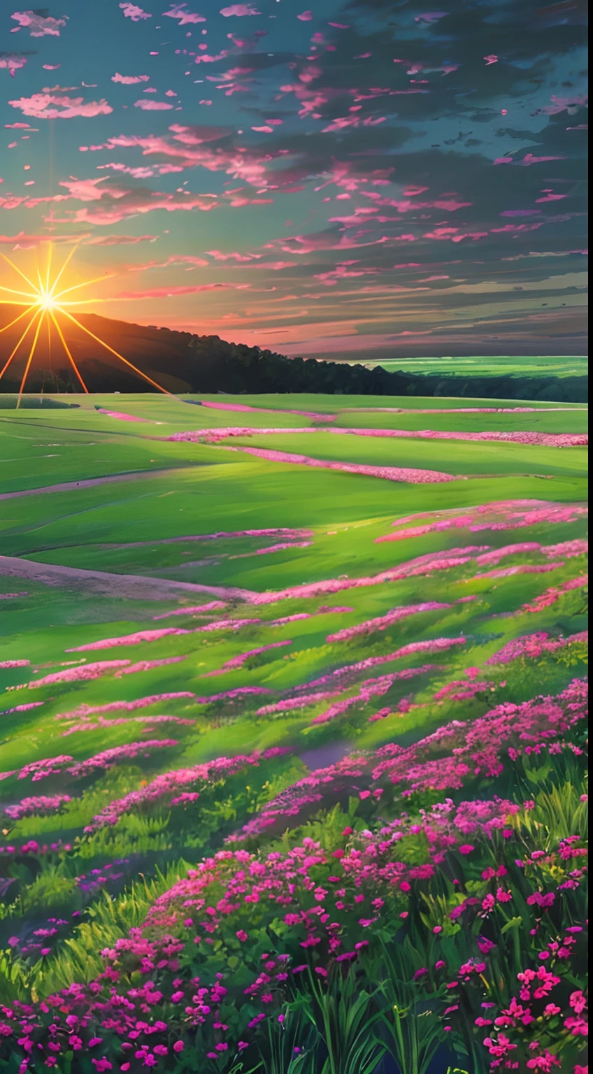 Dusk sunset, meadow, golden red, flying blades of grass, beautiful glare,