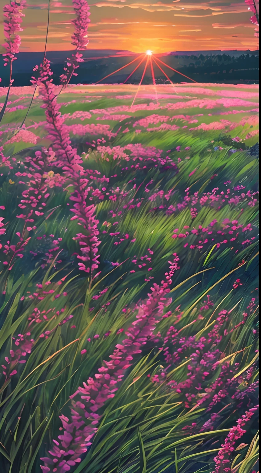 Dusk sunset, meadow, golden red, flying blades of grass, beautiful glare,