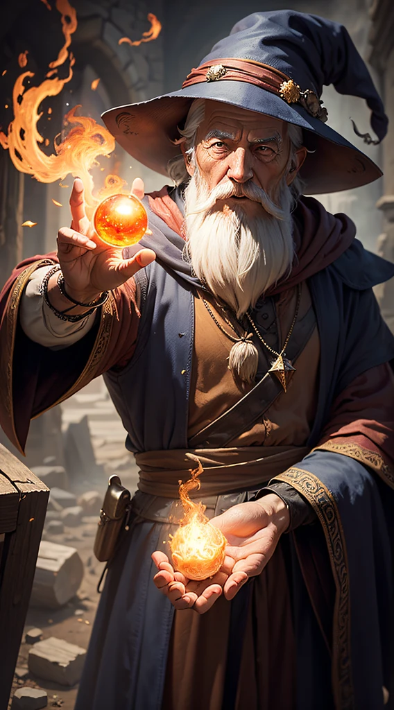 an old wizard throwing a fireball