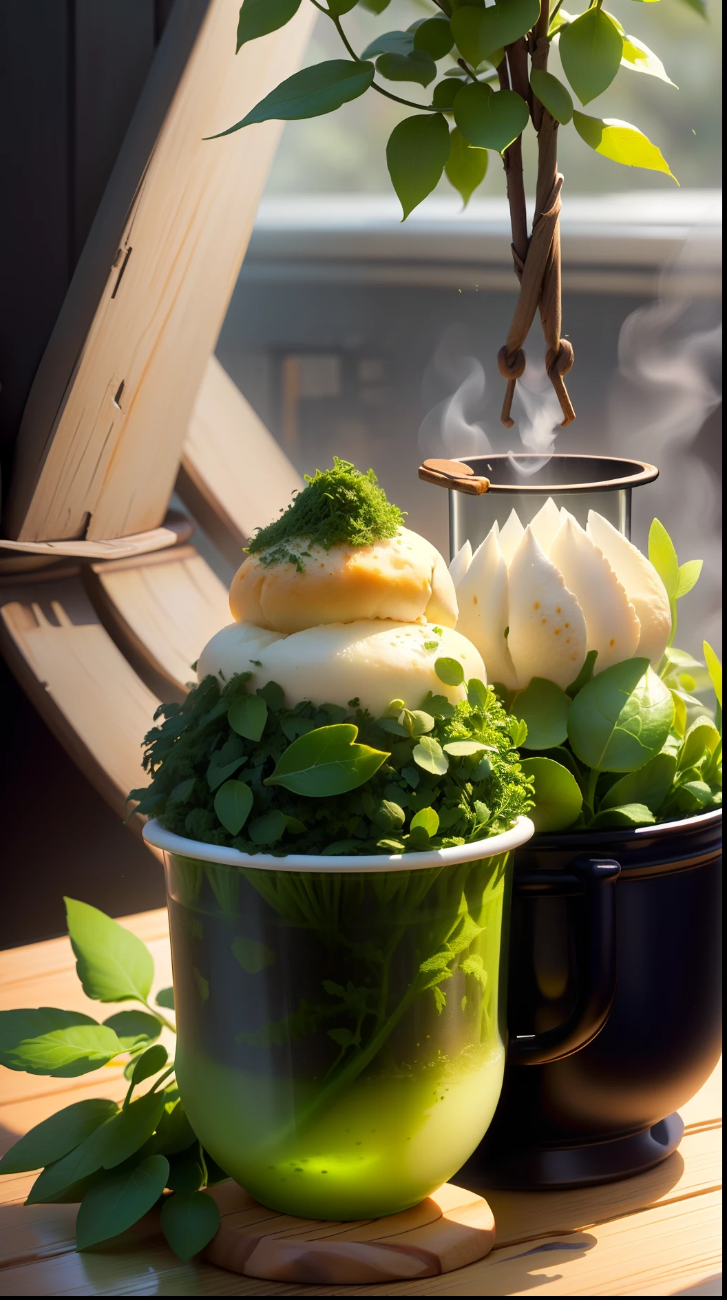 there are three cups of green tea with a price tag, a picture by Sun Long, shutterstock, happening, in style of lam manh, 💣 💥, bao phan, large view, green tea, ad image, 8 k, bao pnan, promo image, loputyn and matcha, ❤🔥🍄🌪, moringa juice