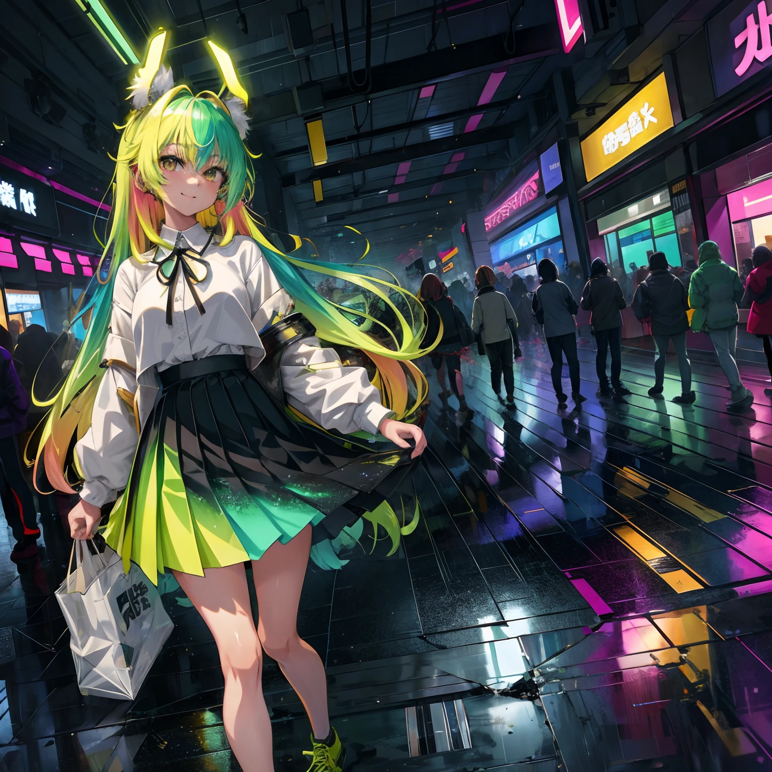 (top-quality:1.4), animesque, 独奏, after rain,Girl in the mall, bright green hair, Open jacket, White printed shirt, neon lighting, a smile, Very long hair, Gradient golden eyes, multicolored skirt, Pantyhose on only one leg, Sneakers with unlaced shoelaces, Rays of different colors, vases,Cracked floor